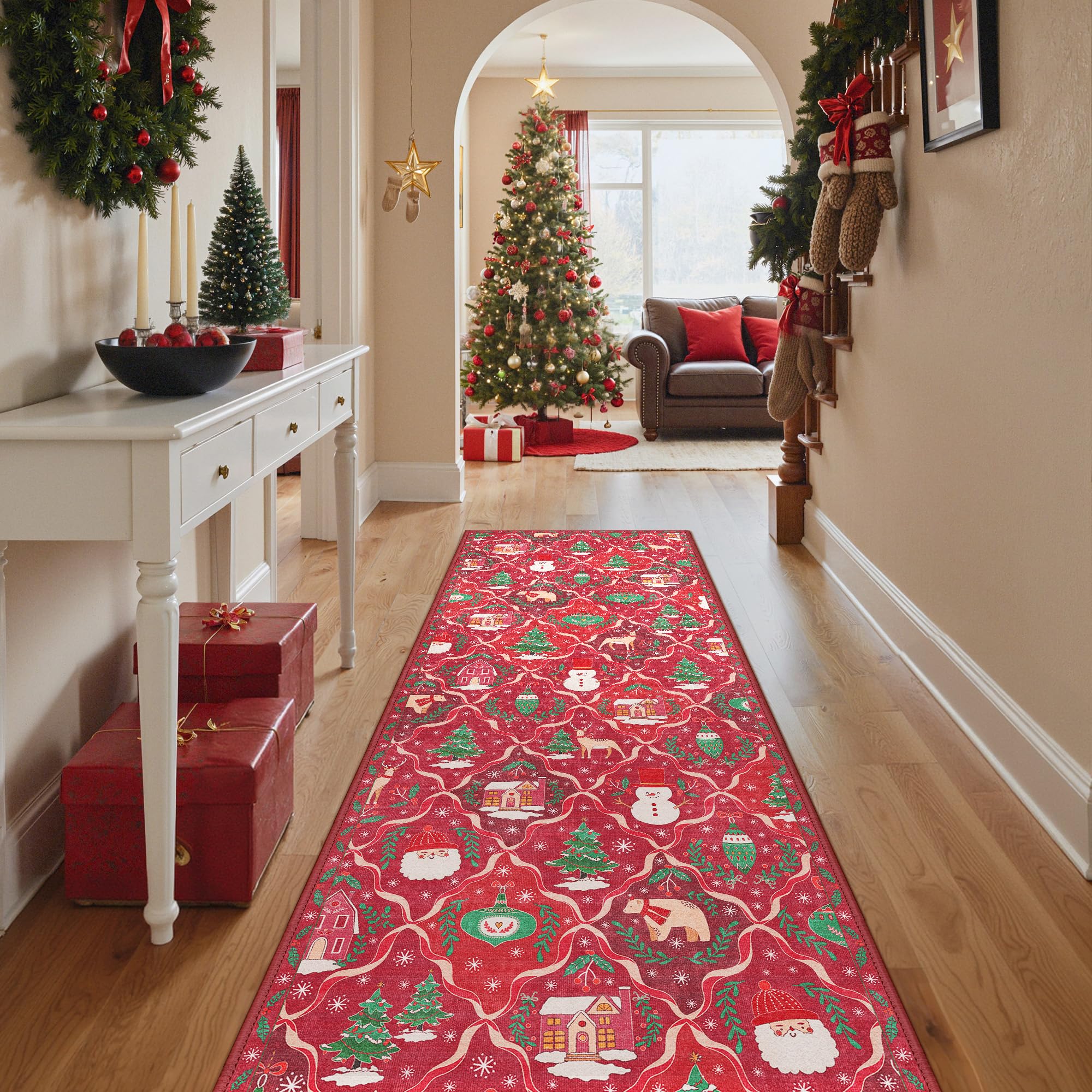 BEIMO Christmas Runner Rug 2x10 Washable Rug for Hallway Kitchen Bedroom, Christmas Home Decor, Holiday Print Carpet, Low Pile M