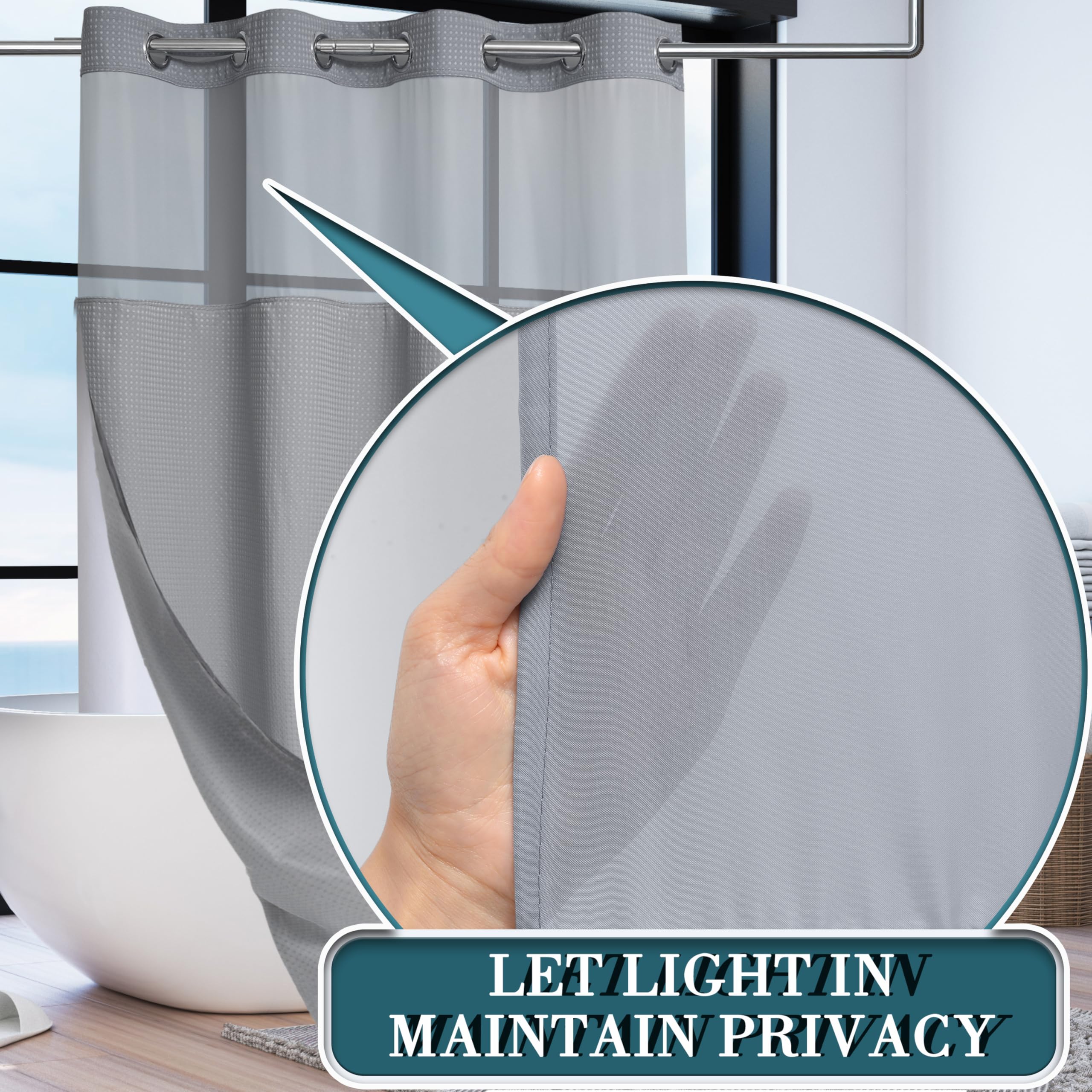 Conbo Mio Hotel Grade Fabric Shower Curtain Set With Snap In Liner For Bathroom With See Through Top Window, Waffle Weave Shower