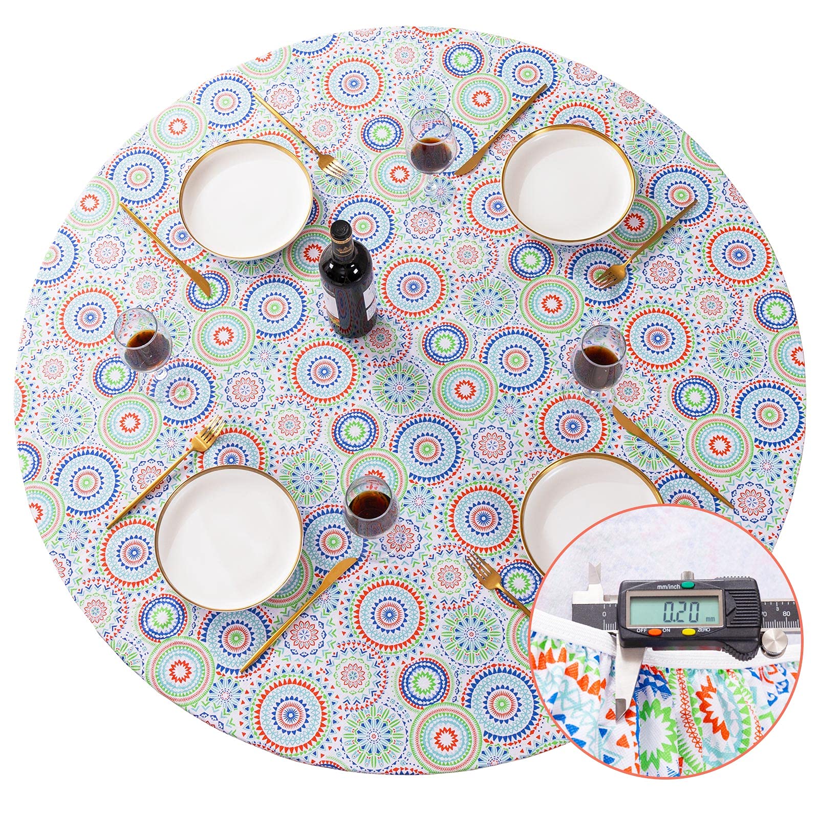 Umineux Round Fitted Vinyl Tablecloth With Elastic Edged & Flannel Backing, Waterproof, Round Table Cover For Indoor Outdoor Pat