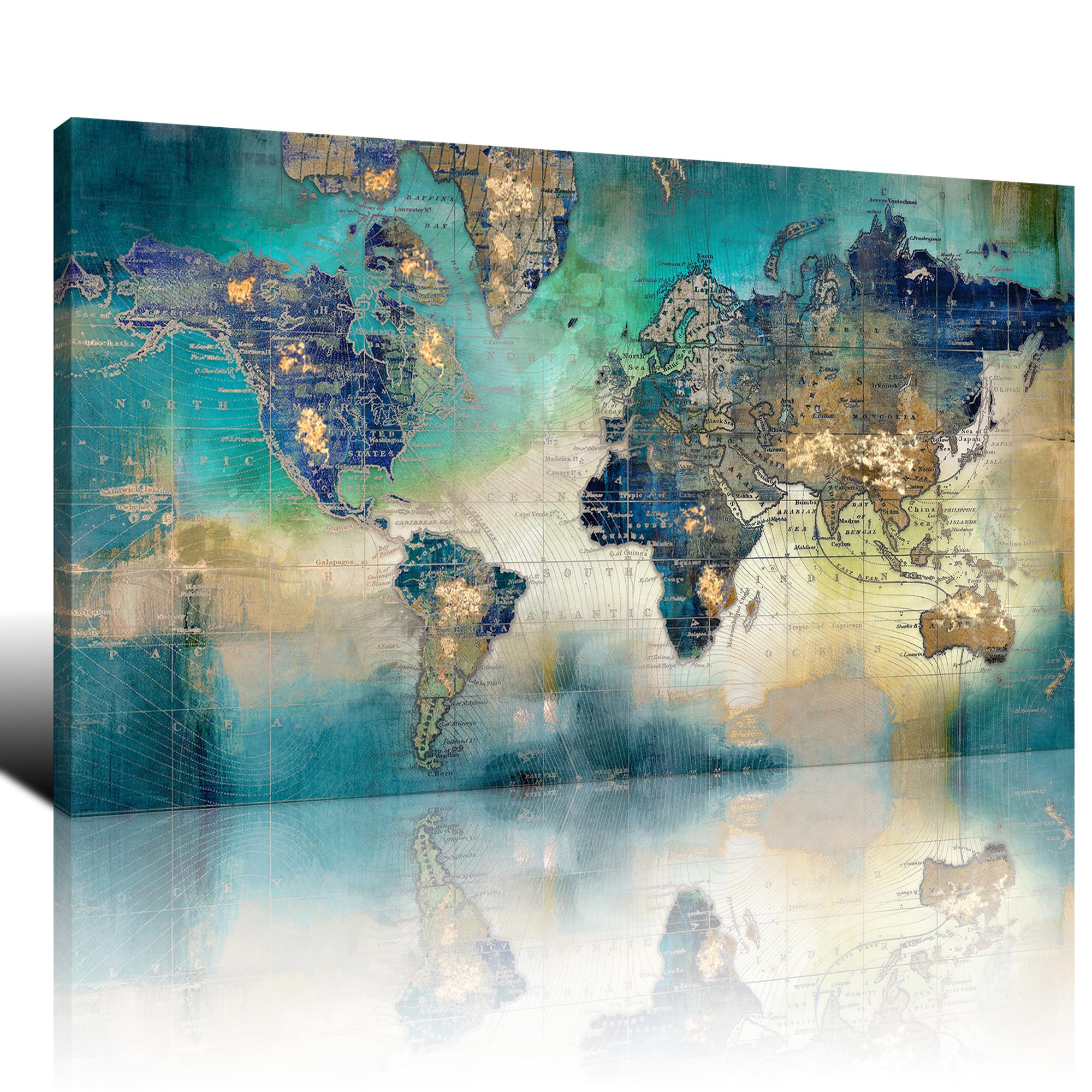Large World Map Canvas Prints Wall Art For Living Room Office ''24X48'' Green World Map Picture Artwork Decor For Home Decoratio