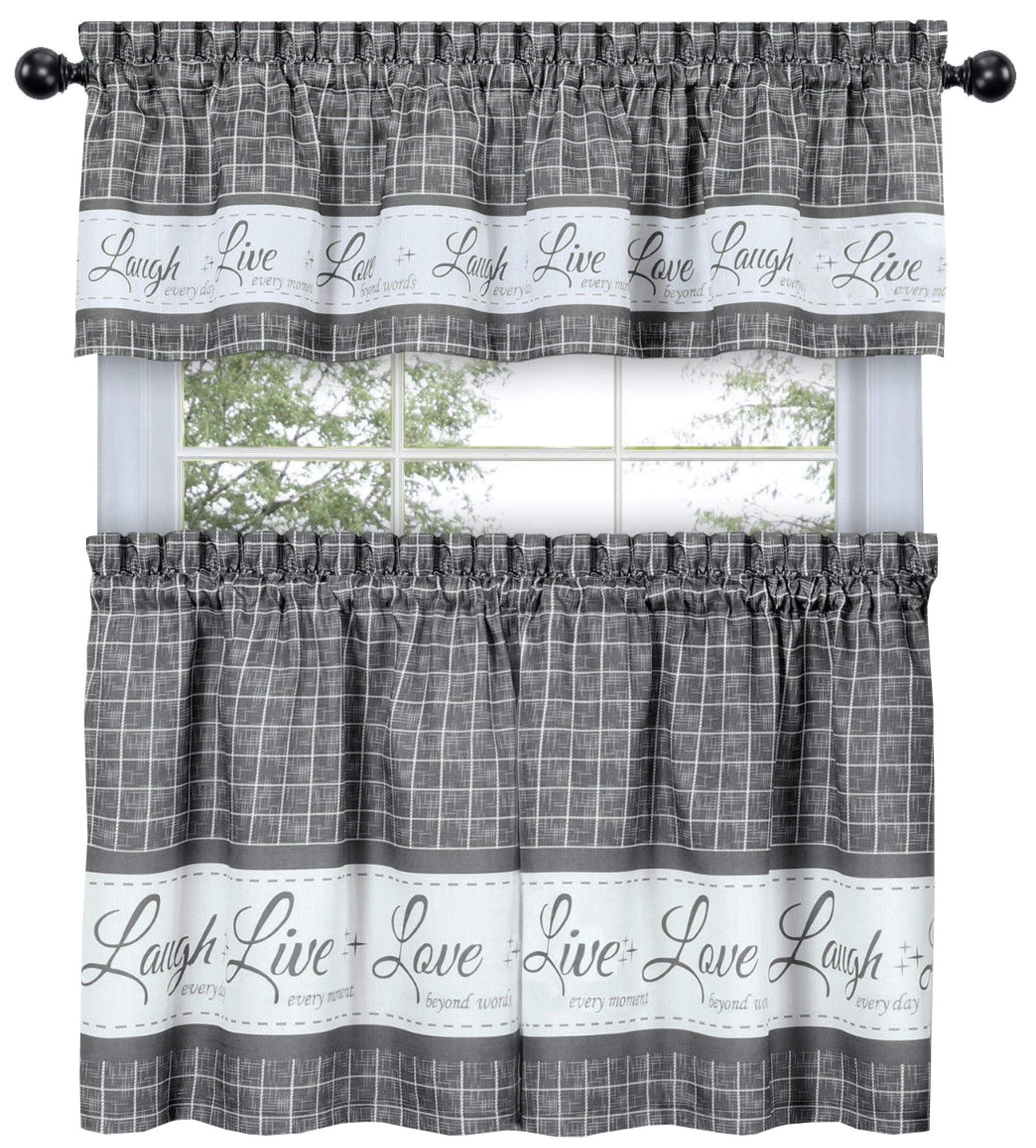 GoodGram Country Gingham Check Live~Laugh~Love 3 Pc. Caf   Plaid Kitchen Curtain Set - Assorted Colors & Sizes (Gray, 36 in. L)