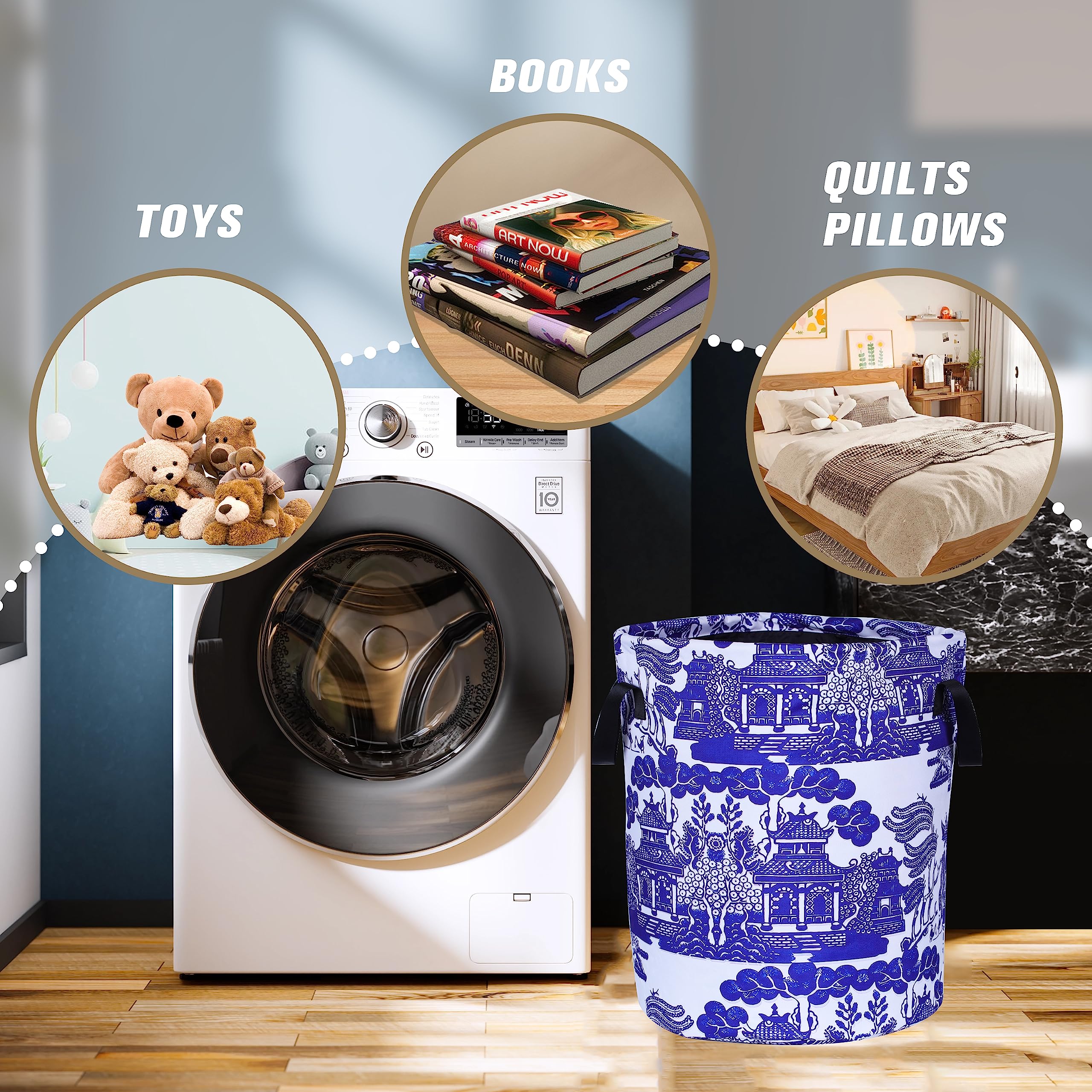 Blue White Porcelain Laundry Basket Chinoiserie Foldable Oxford Cloth Funny Tote Bag Laundry Hamper Clothes Storage Bucket Organ