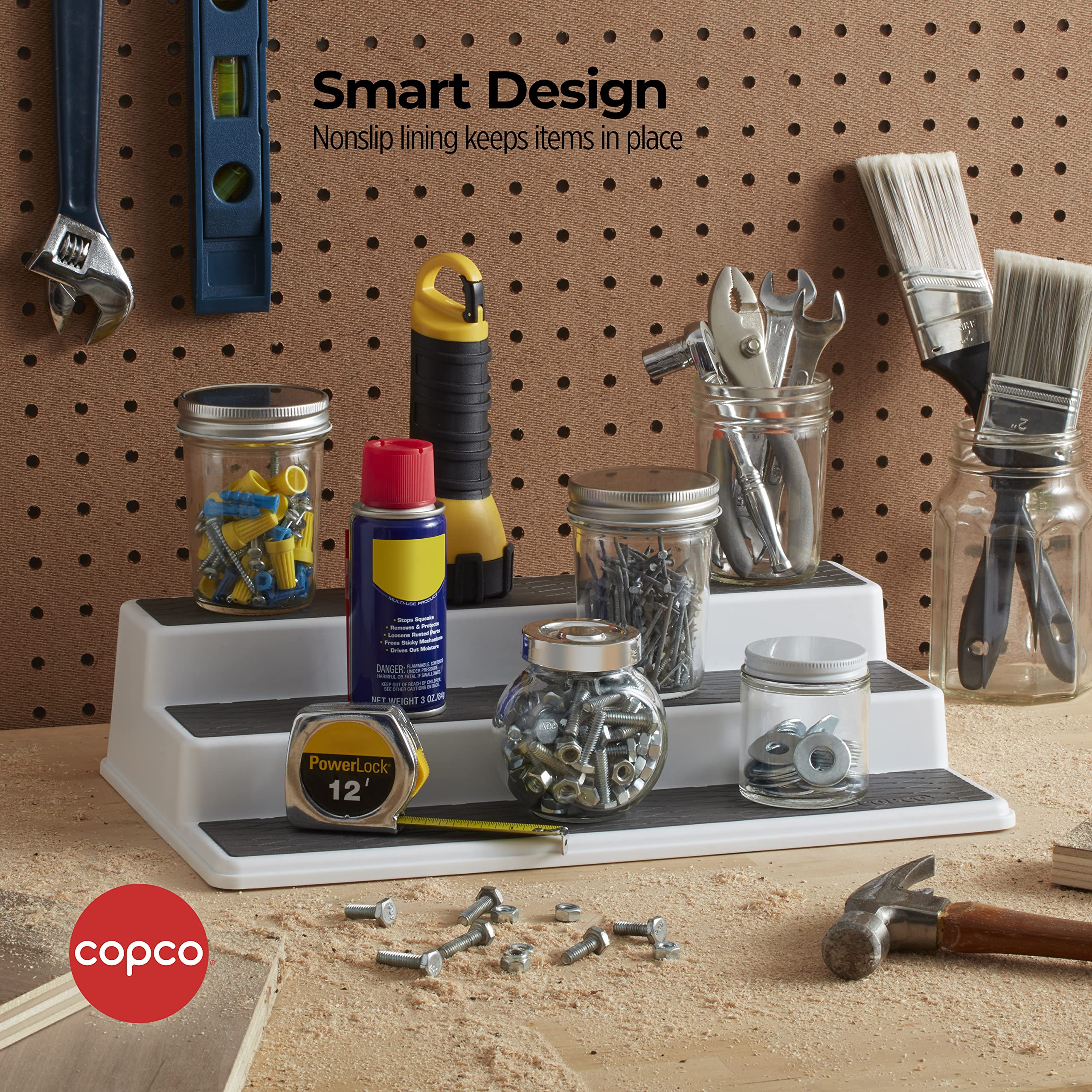 Copco 2555-0188 Non-Skid 3-Tier Spice Pantry Kitchen Cabinet Organizer  15-Inch  White/Gray