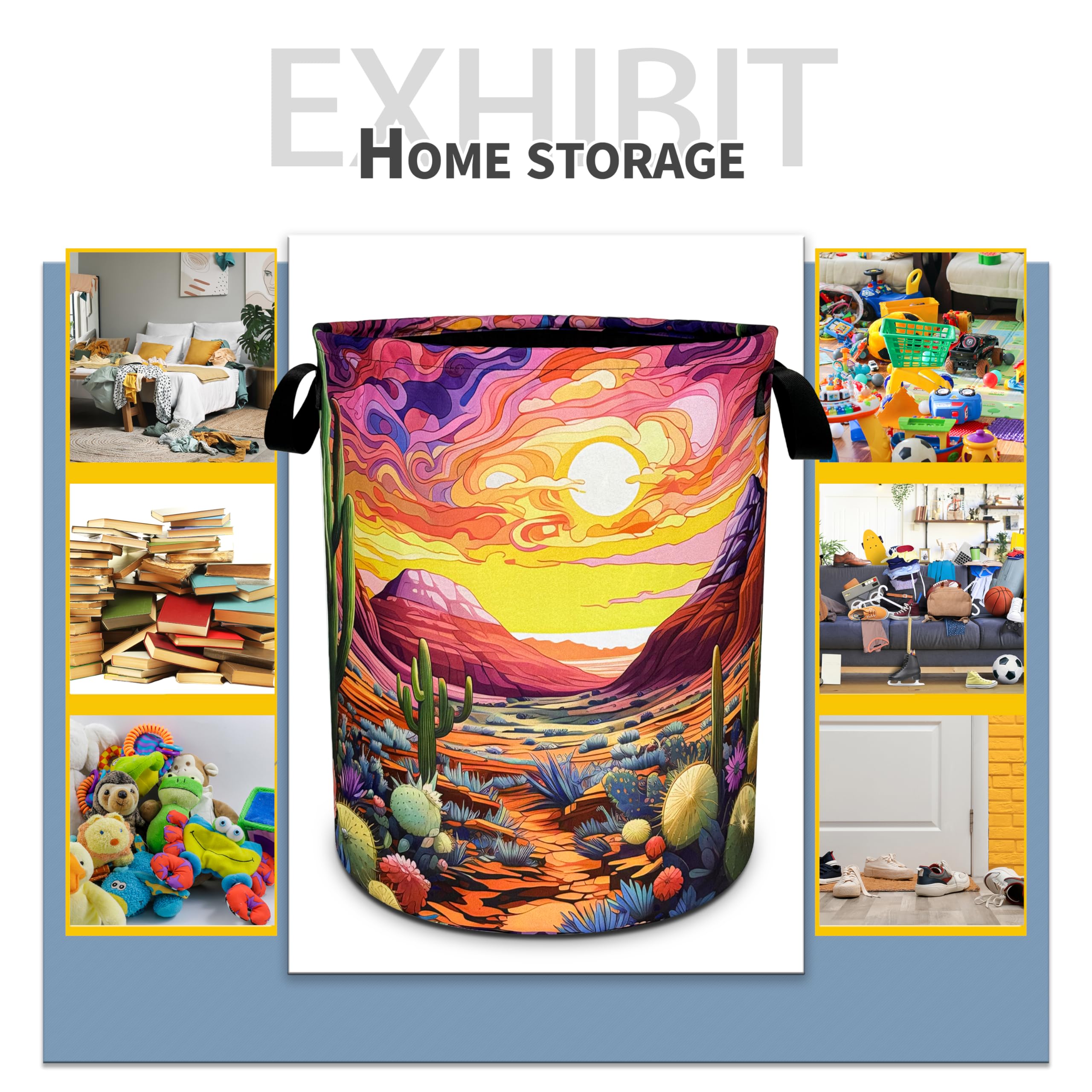 Desert Cactus Laundry Basket Colorful Scenery Mountain Foldable Oxford Cloth Funny Tote Bag Laundry Hamper Clothes Storage Bucke