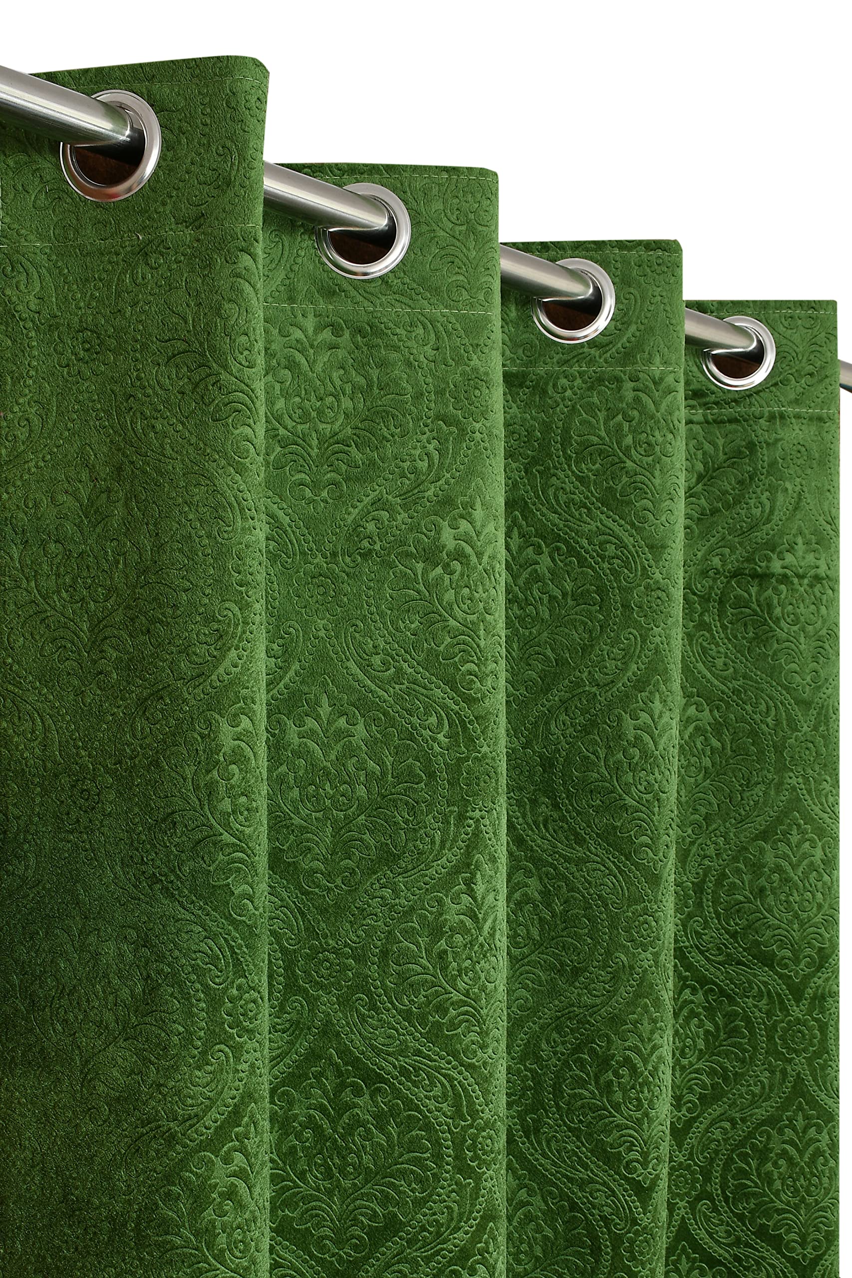Kiara Creations Velvet Emboss Damas Room Darkening Grommet Curtains For Long Door 8 Feet (Pack Of 2) Darkgreen