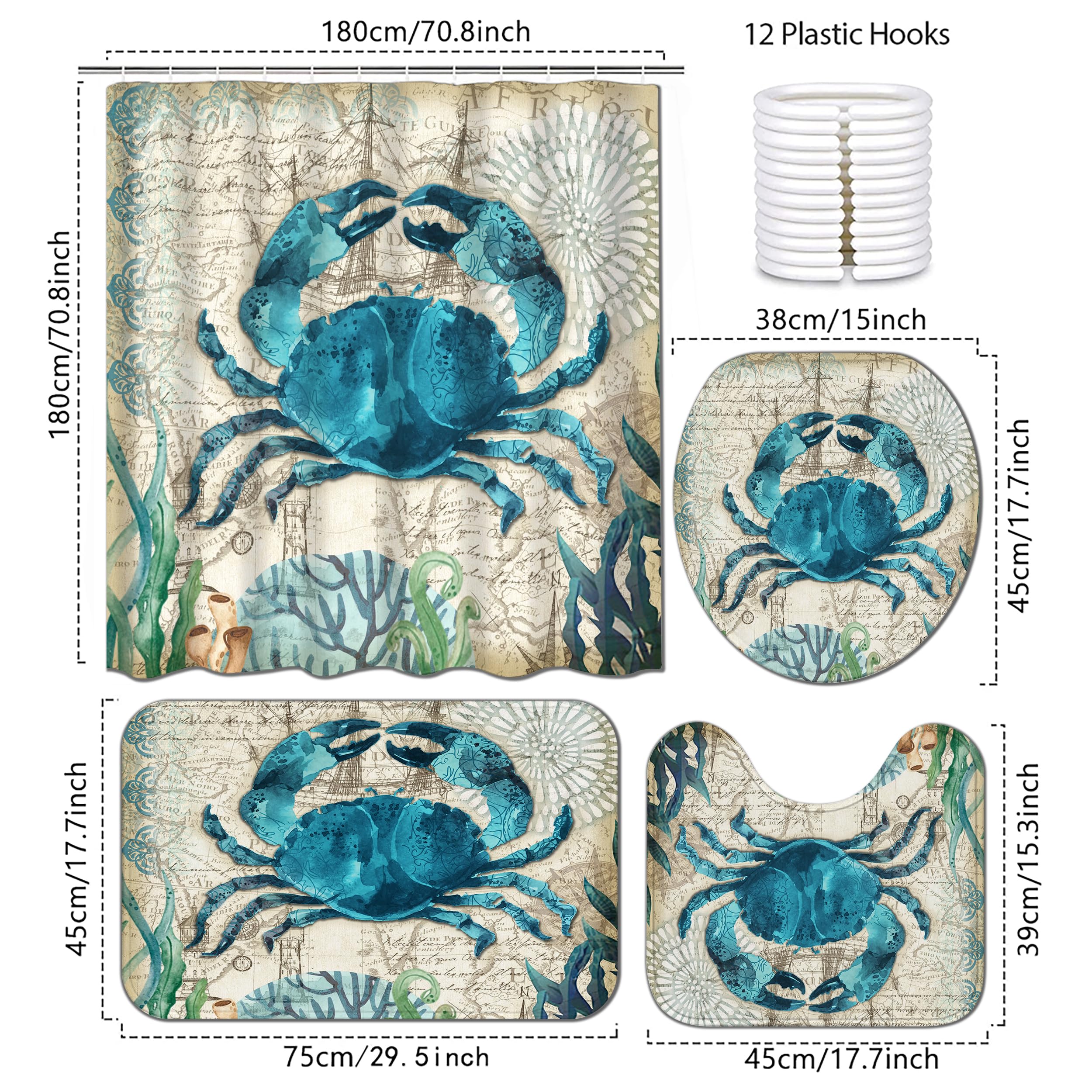 Planially 4Pcs Sea Crab Waterproof Shower Curtain Sets,Ocean Bathroom Sets With Shower Curtain, Toilet Lid Rug, Contour Mat And