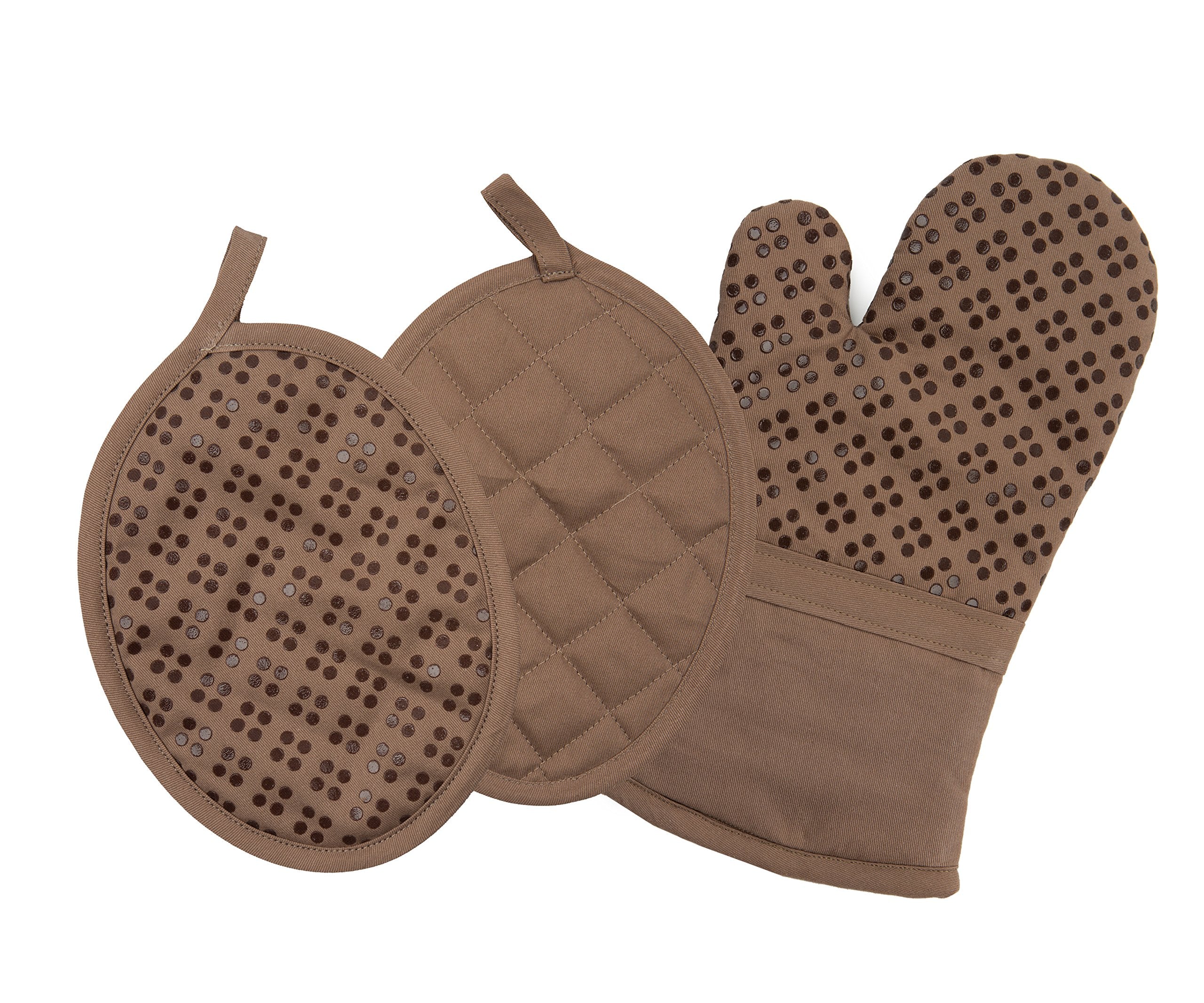 Oven Mitt And Pot Holders Silicone Set Of 3, Non-Slip Kitchen Hot Pads And Oven Mitts Set, Oeko-Tex 100% Cotton Shell, Brown