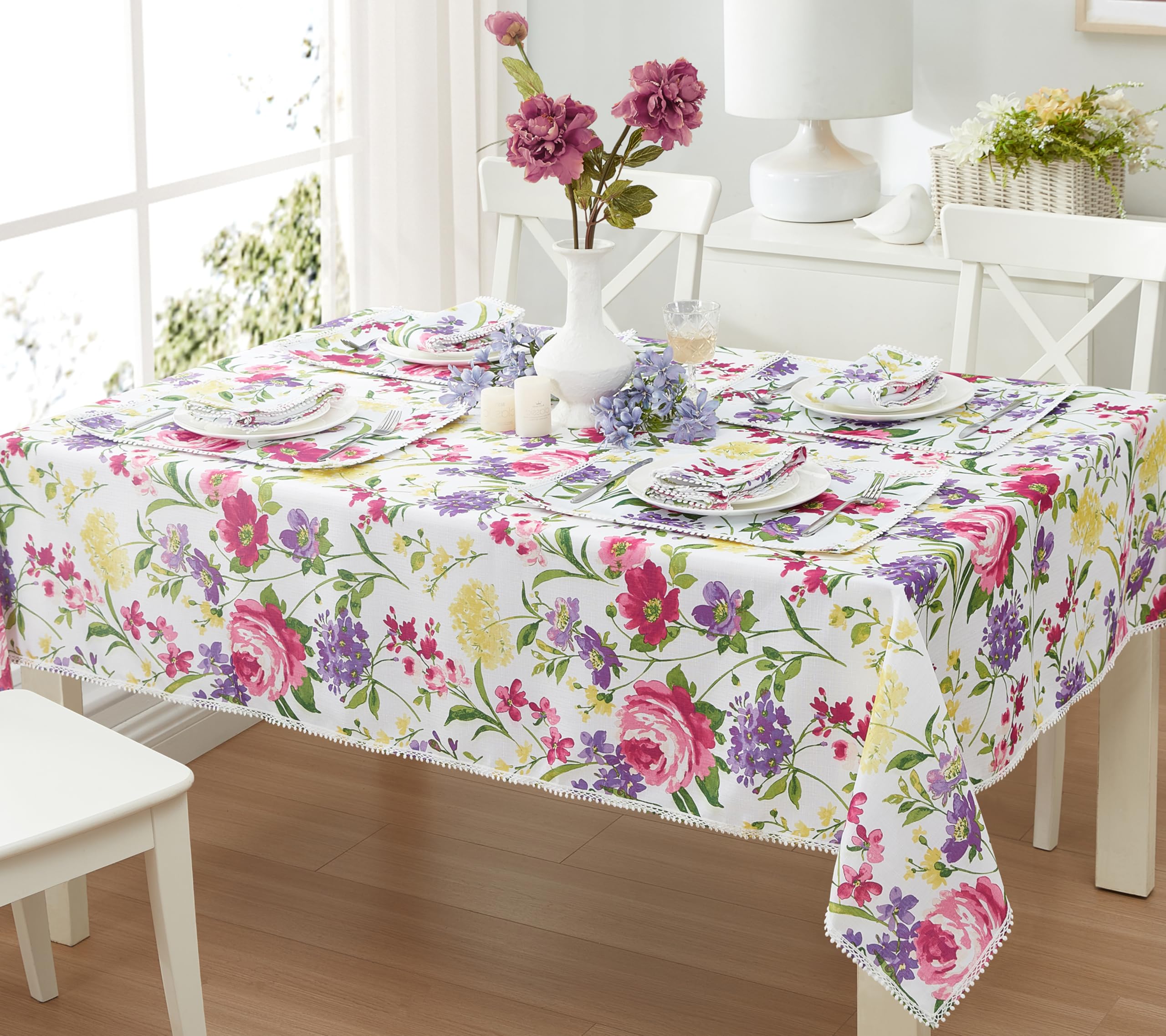 Newbridge Rectangle Fabric Tablecloth, 52 X 70 Inch, Summer Sophia Pom Pom Fringe, Wrinkle And Stain Resistant Pink And Purple F