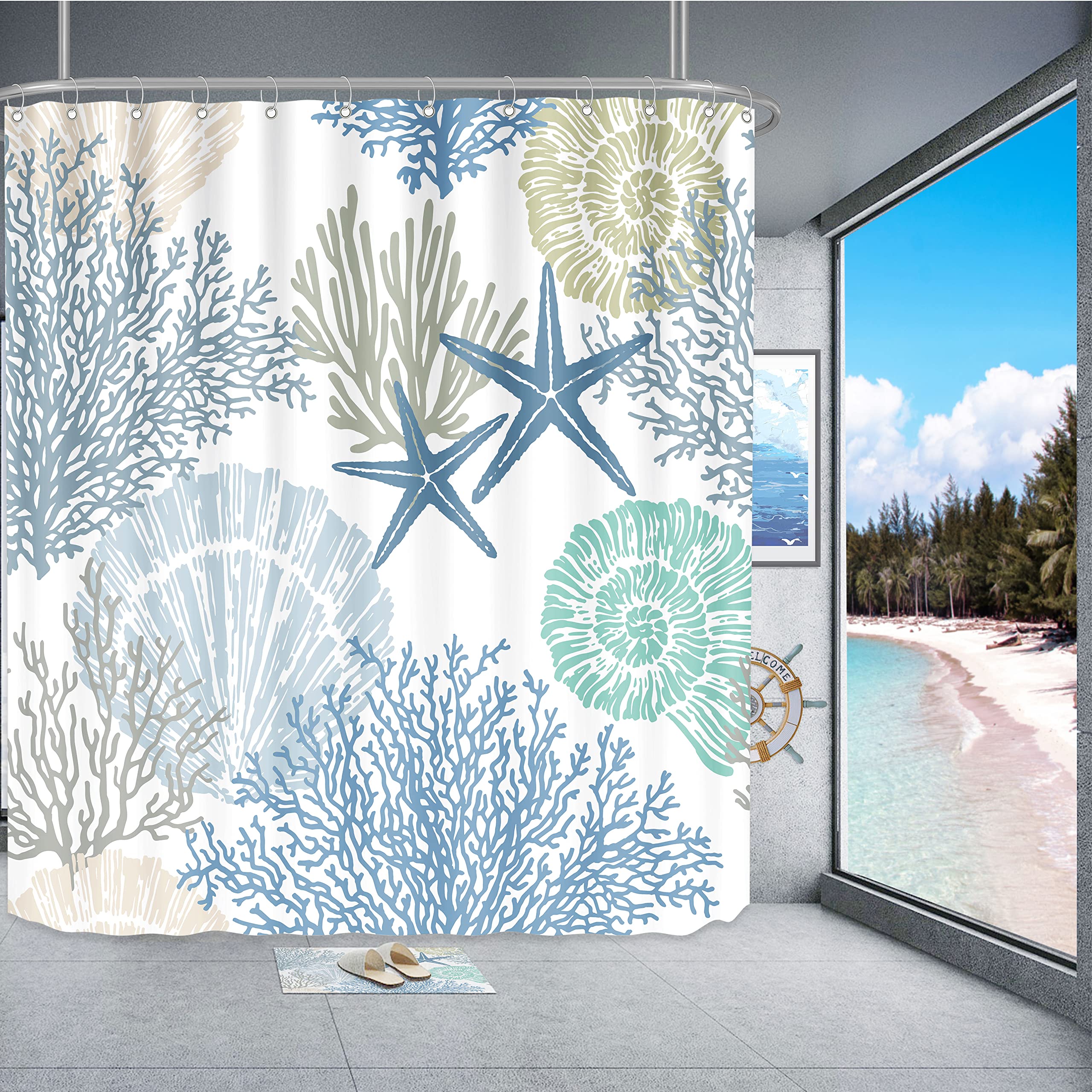 Tritard Nautical Coastal Waterproof Fabric Shower Curtains Decorative Starfish Seashell Coral Beach Bath Curtain Ocean Themed Underwater Marine Decor for Bathroom with 12 Hooks  72 x 72  Blue
