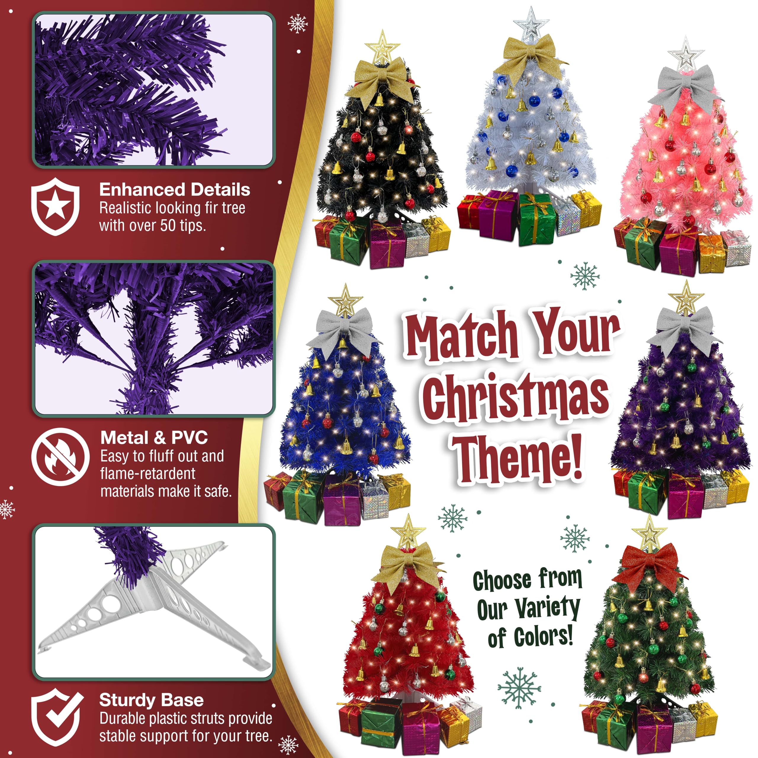 Small Purple Christmas Tree with Lights - 23 Inch Mini Tabletop Christmas Tree with Warm-White LED Lights, Hanging Ornaments, De