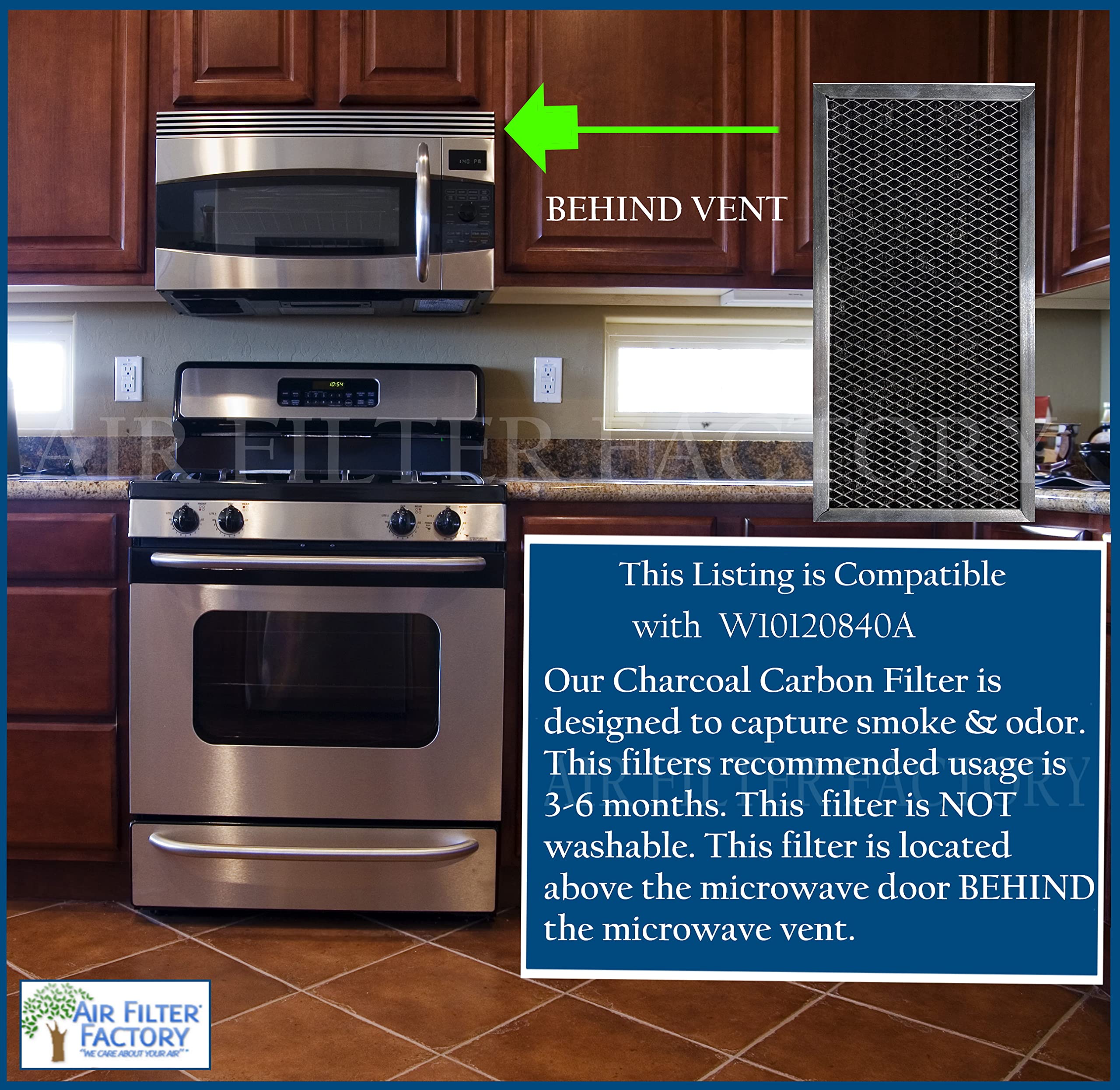 2-Pack Air Filter Factory Replacement For Whirlpool W10120840A Microwave Hood Charcoal Filter Set 5.625 X 11.625 X .375 Inches