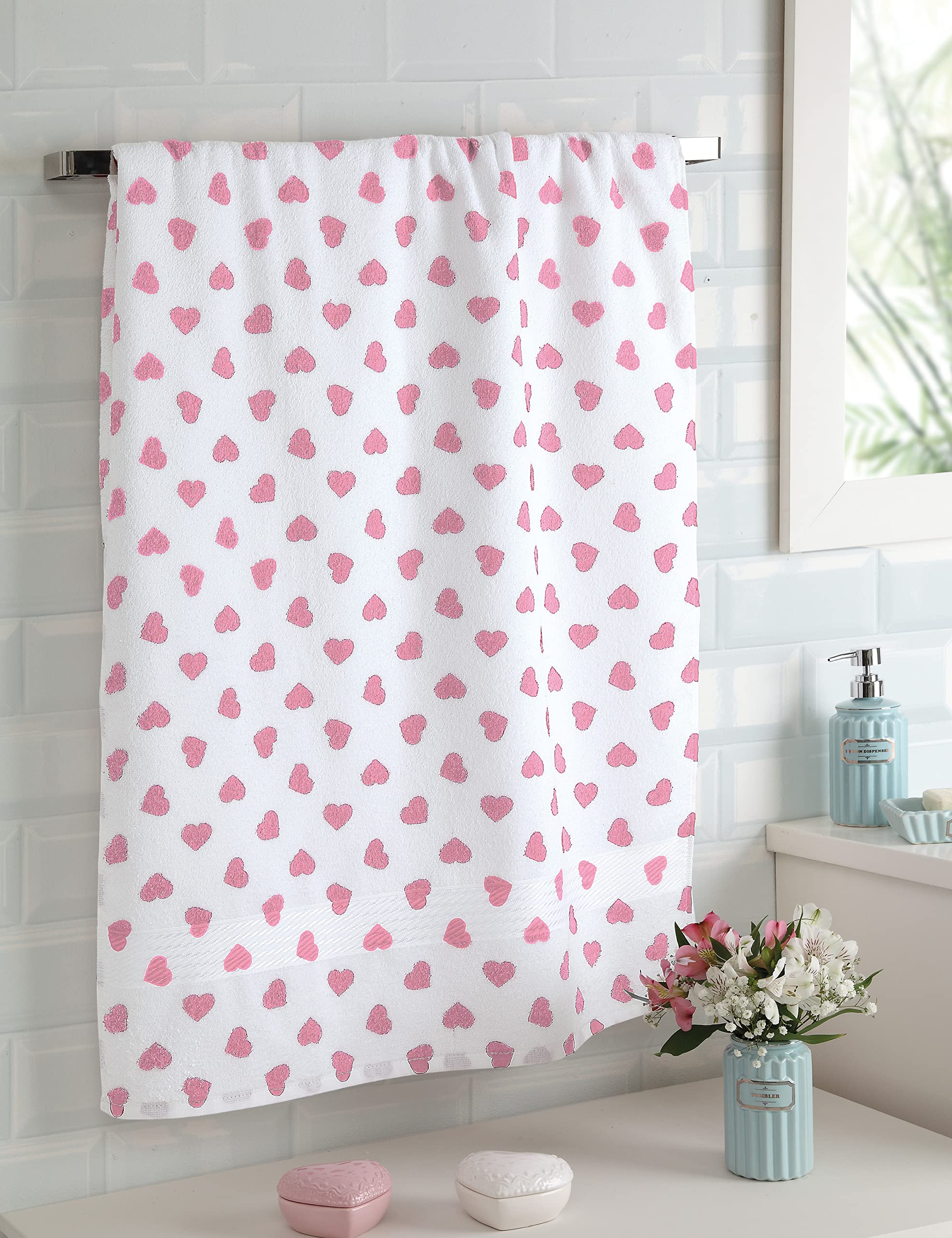 Cackleberry Home Hearts All Over Bathroom Cotton Terry Hand Towels 20 W X 30 L Inches, Set Of 2 (Pink)