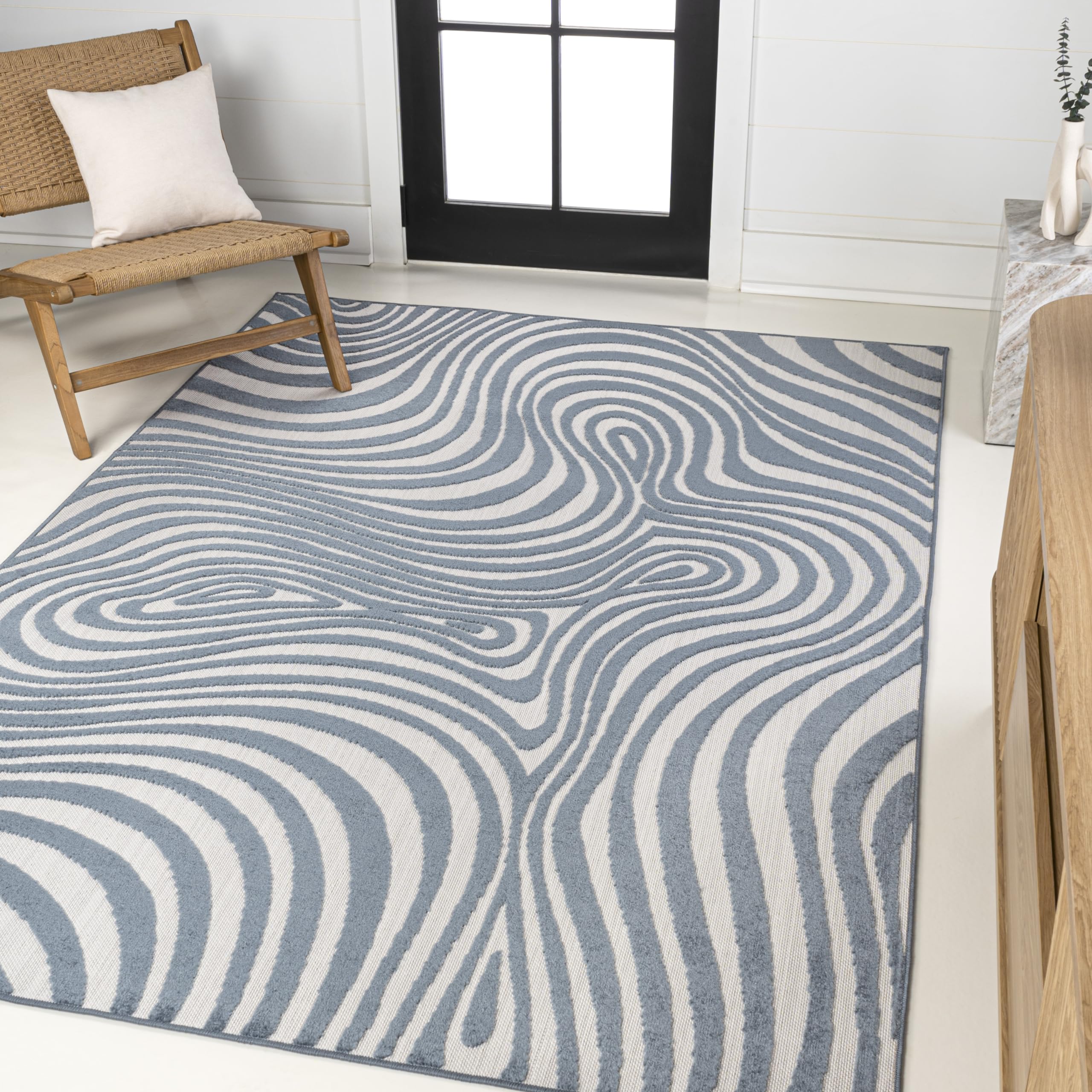 JONATHAN Y SCN103E-4 Maribo High-Low Abstract Groovy Striped Dark Blue/Cream 4 ft. x 6 ft. Indoor/Outdoor Area Rug for Patio, Ba