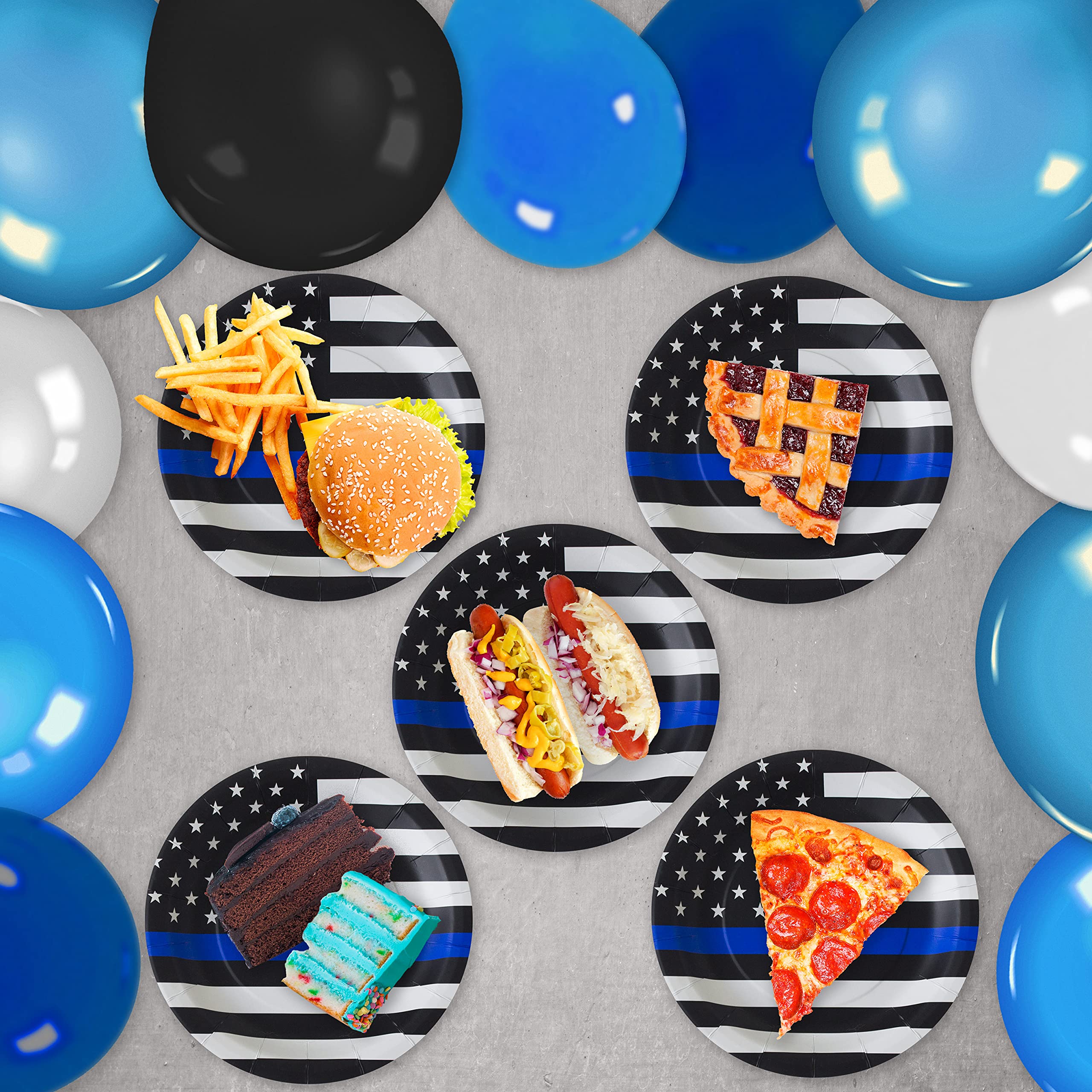 Havercamp Police-Thin Blue Line 9    Plates (48 Pack)! 48 Lg. Round Dinner Plates In The Official Thin Blue Line Flag Pattern.