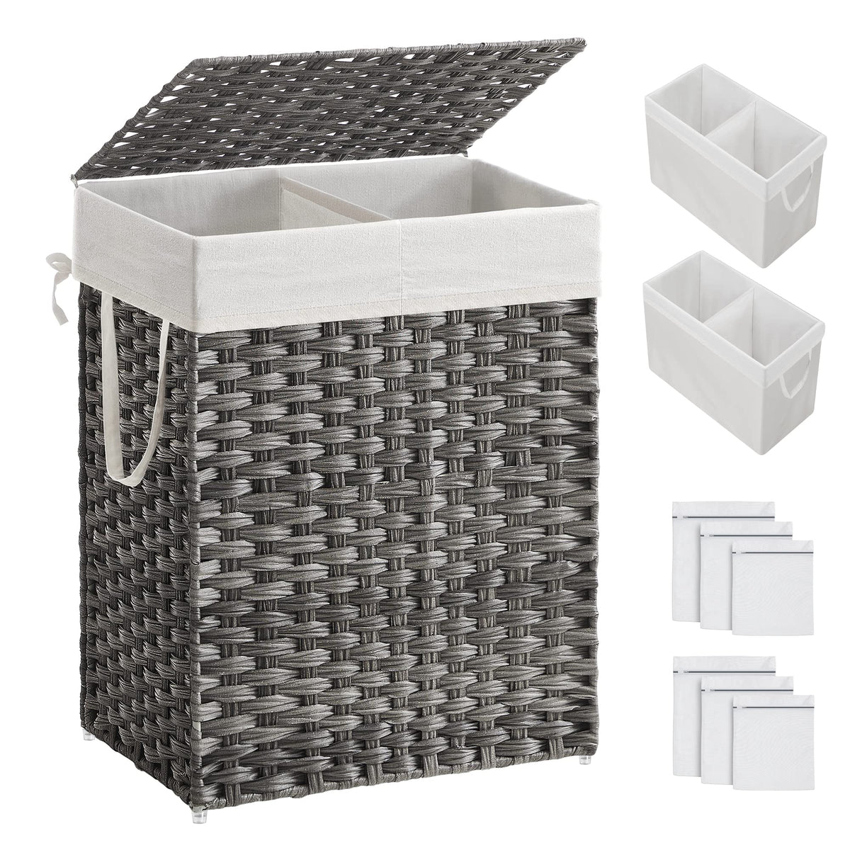 Songmics Laundry Hamper With Lid, 90L Clothes Hamper With 2 Removable Liner Bags, 6 Mesh Bags, Wicker Laundry Basket, Double Lau