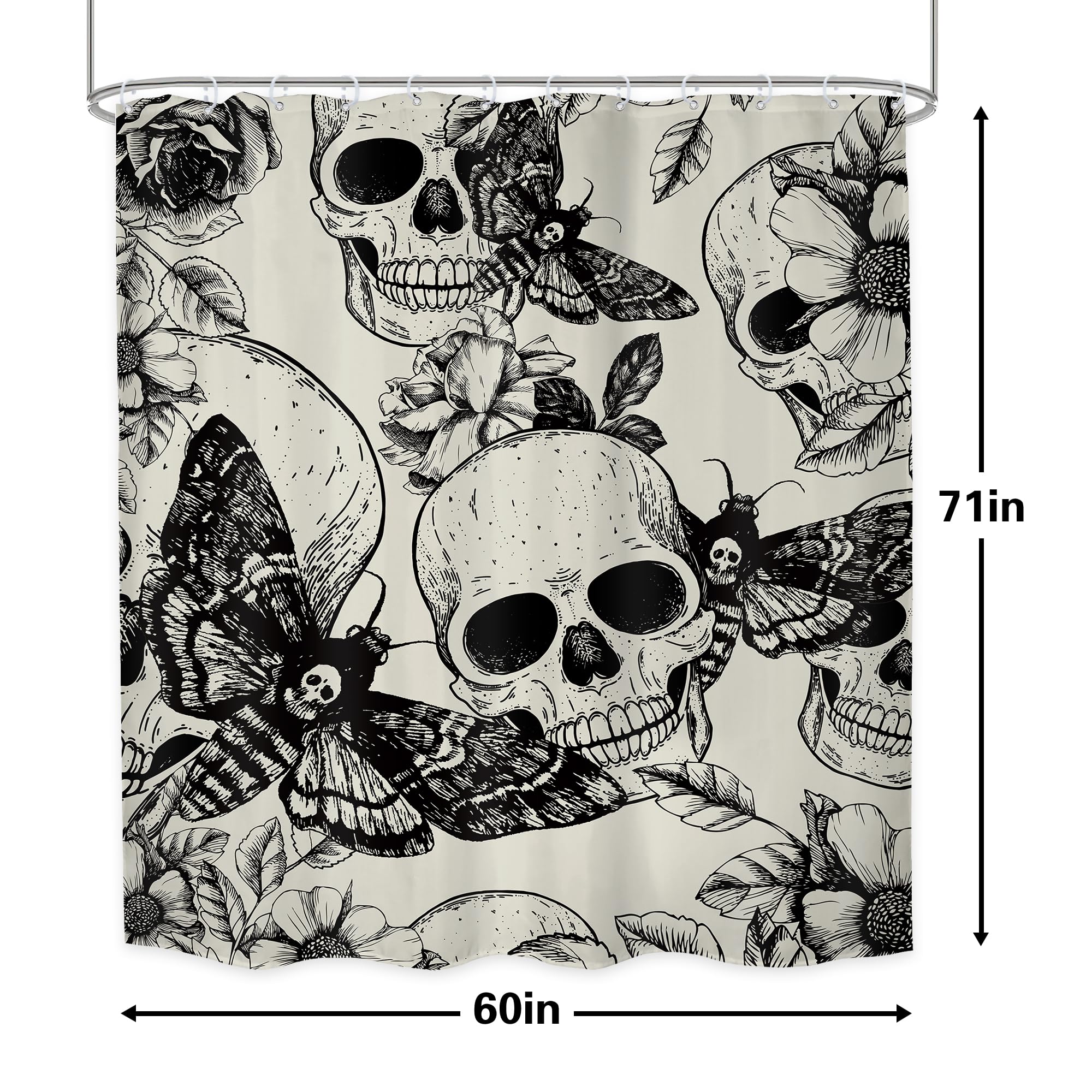Lghtyro Gothic Skull Moth Shower Curtain Bathroom Set 60Wx71H Inches Black Deathhead Scary Skeleton Spooky Flower Mysterious Bat