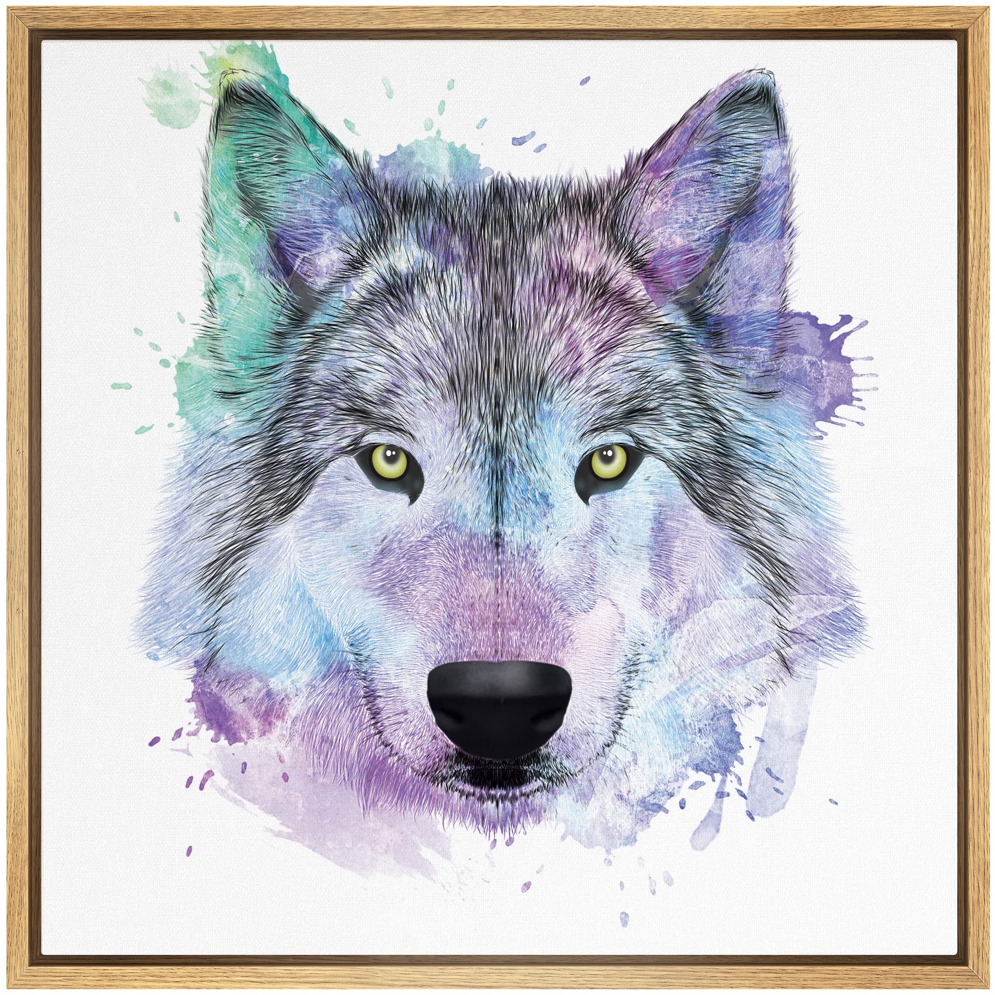 Wall26 - Fun And Colorful Splattered Watercolor Wolf - Framed Canvas Art Home Art - 24''X24'' Natural