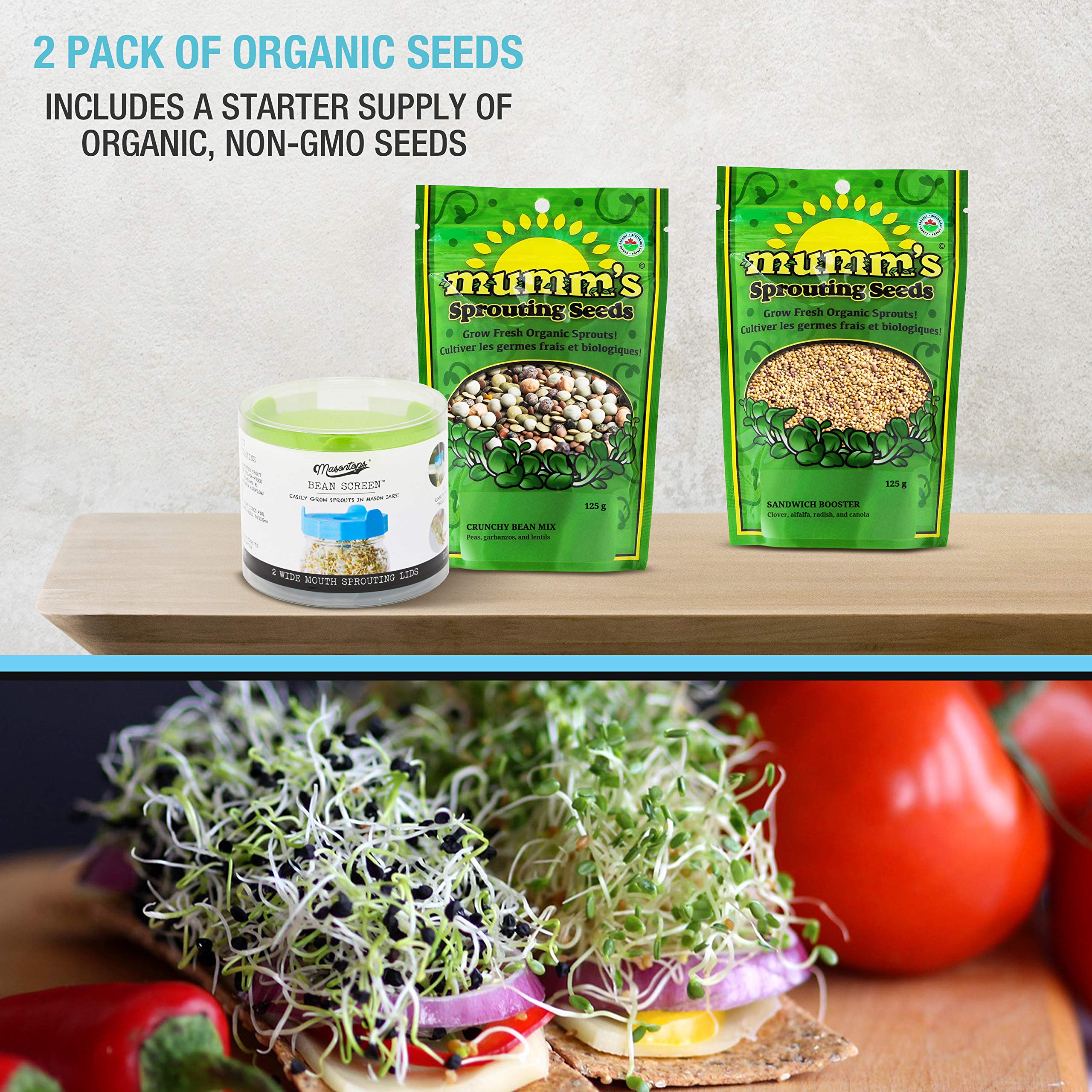 Masontops Bean Screen Sprouts Growing Kit - Sprouting Lids & Sprout Mixes Microgreens Growing Kit - Sprouting Kit Wide Mouth Mas