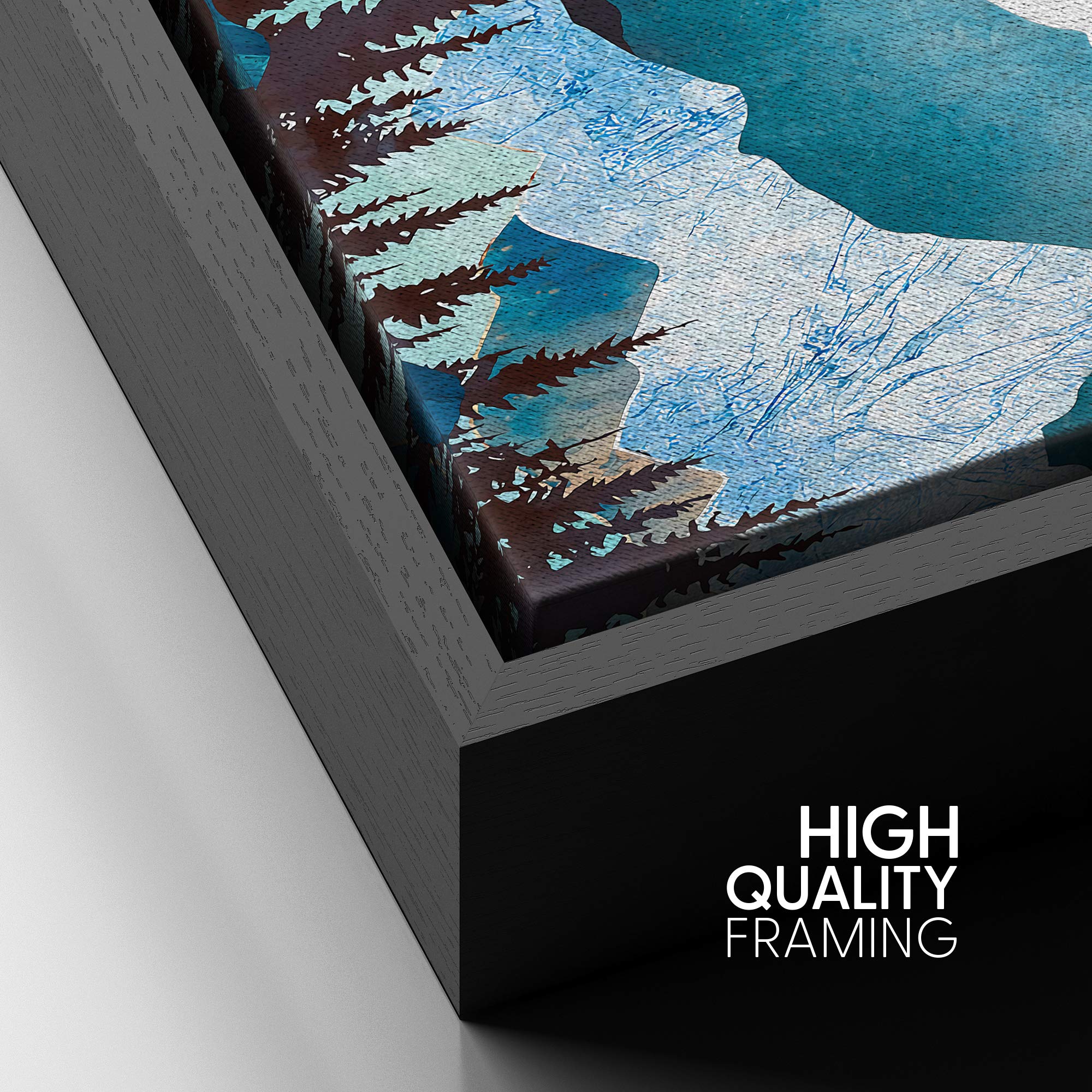 Signford Framed Canvas Print Wall Art Blue Mountains With Granite Effect & Sun Abstract Wilderness Illustrations Modern Art Cont