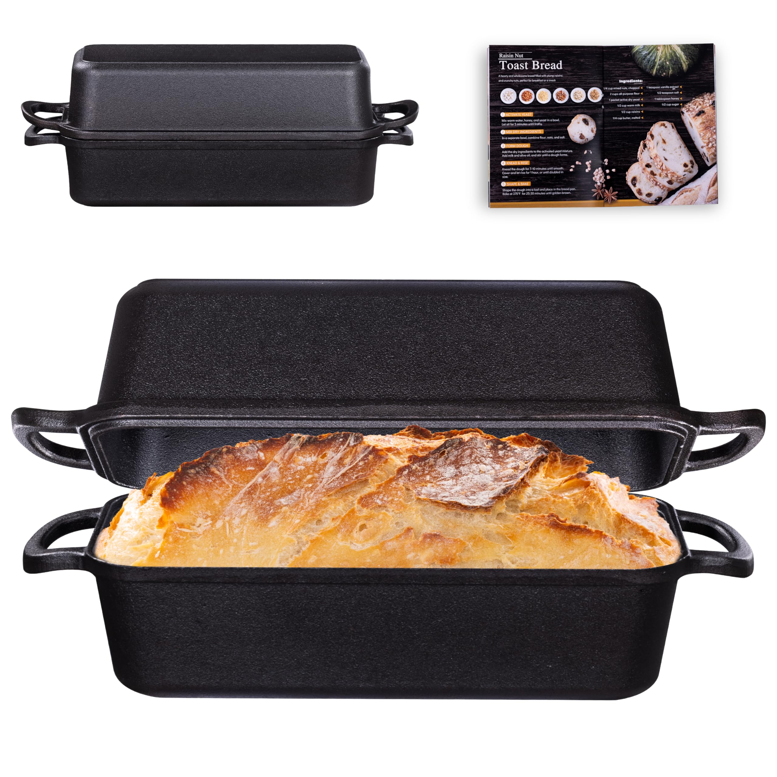 GRMImosa Cast Iron Loaf Pan 11x5 Inch with Lid, 5.8 Qt Bread Pan, Black