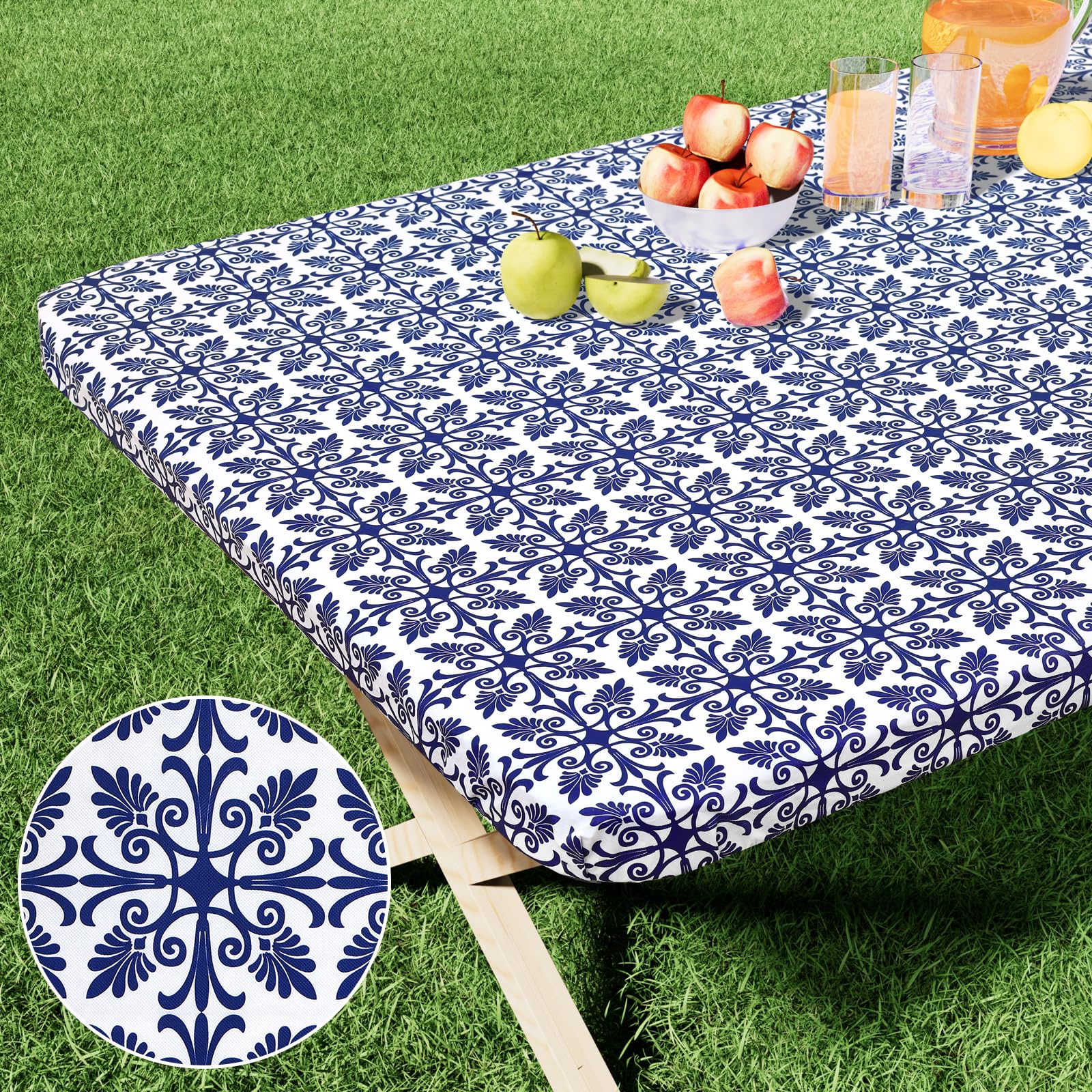 misaya Rectangle Vinyl Table Cloth, Elastic Fitted Flannel Backed Tablecloth, 100% Waterproof Plastic Table Cover Fits Folding T