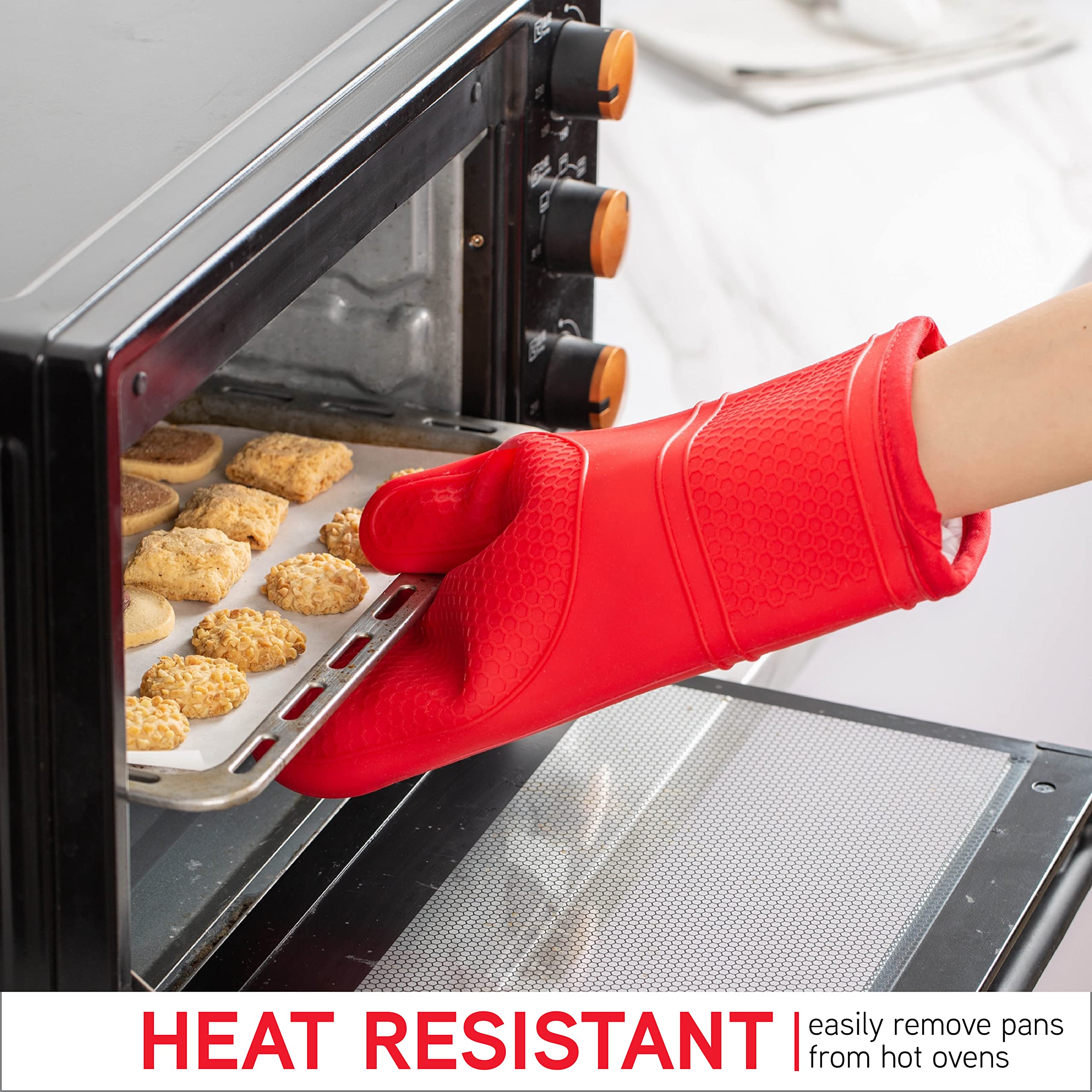 Cook With Color Silicone Oven Mitts- Heat Resistant Gloves With Soft Quilted Lining Oven Mitt Pot Holders For Cooking And Bbq, R