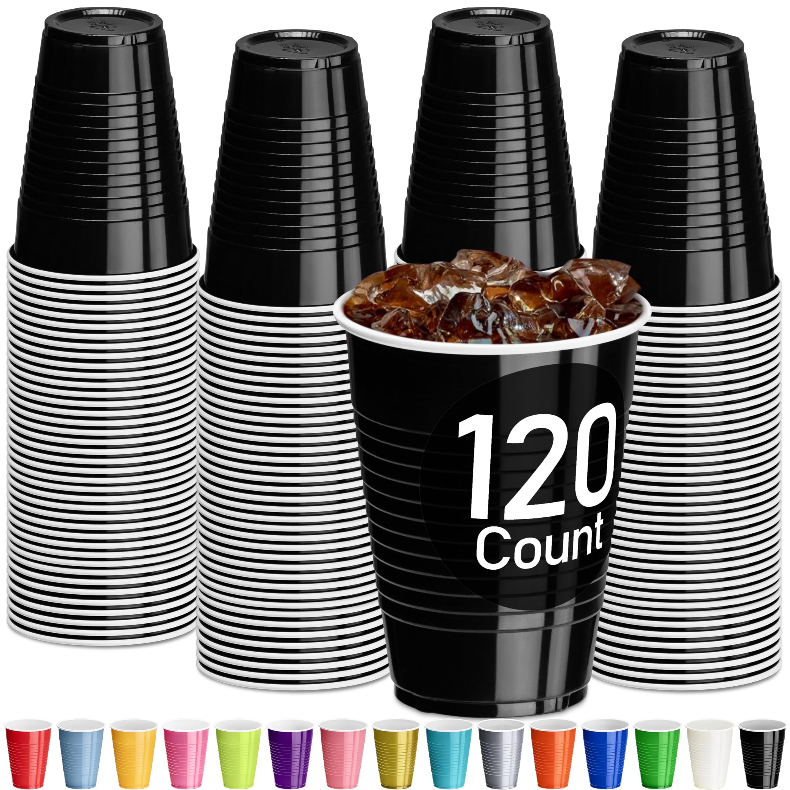Decorrack Black Plastic Cups, 12 Oz Disposable Cups, Reusable Party Supplies (120 Count)