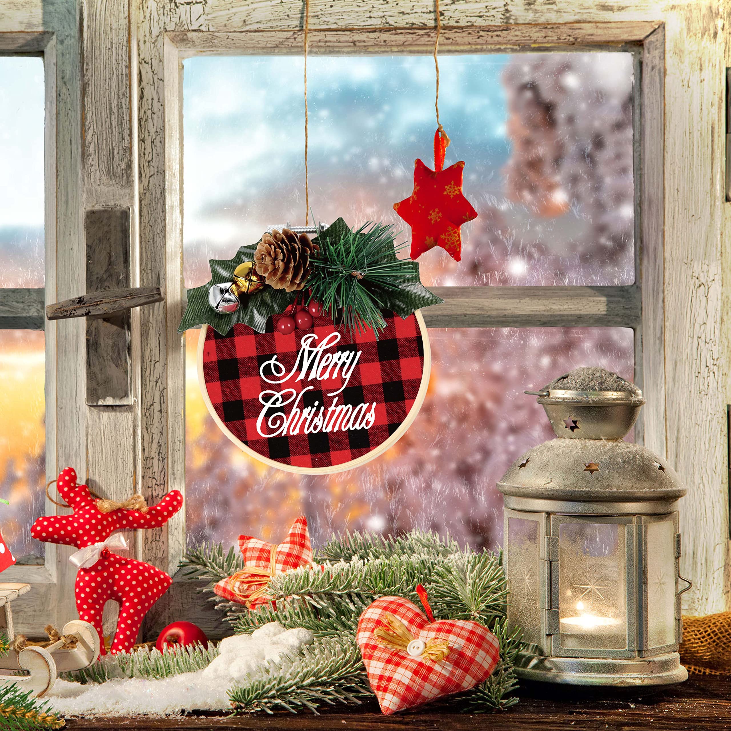 Pllieay 6 Pack of Christmas Ornament DIY Craft Kit Includes Christmas Plaid Fabric, Bamboo Hoop, Mini Pinecones, Artificial Pine