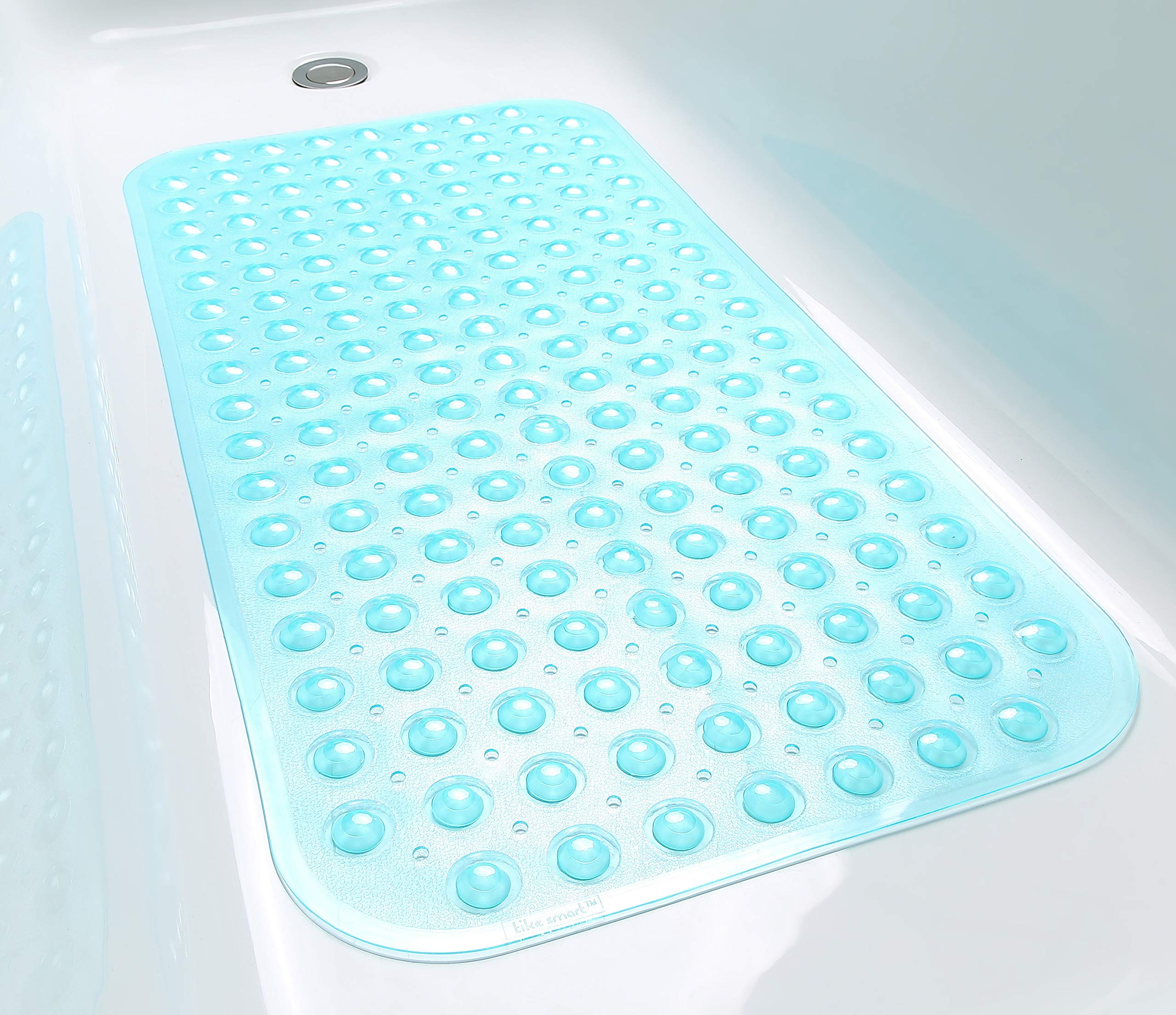 TIKE SMART Non-Slip Bathtub & Shower Mat, 31"x16", Vinyl, Transparent Aqua/Blue-Green, Machine-Washable, Superior Grip