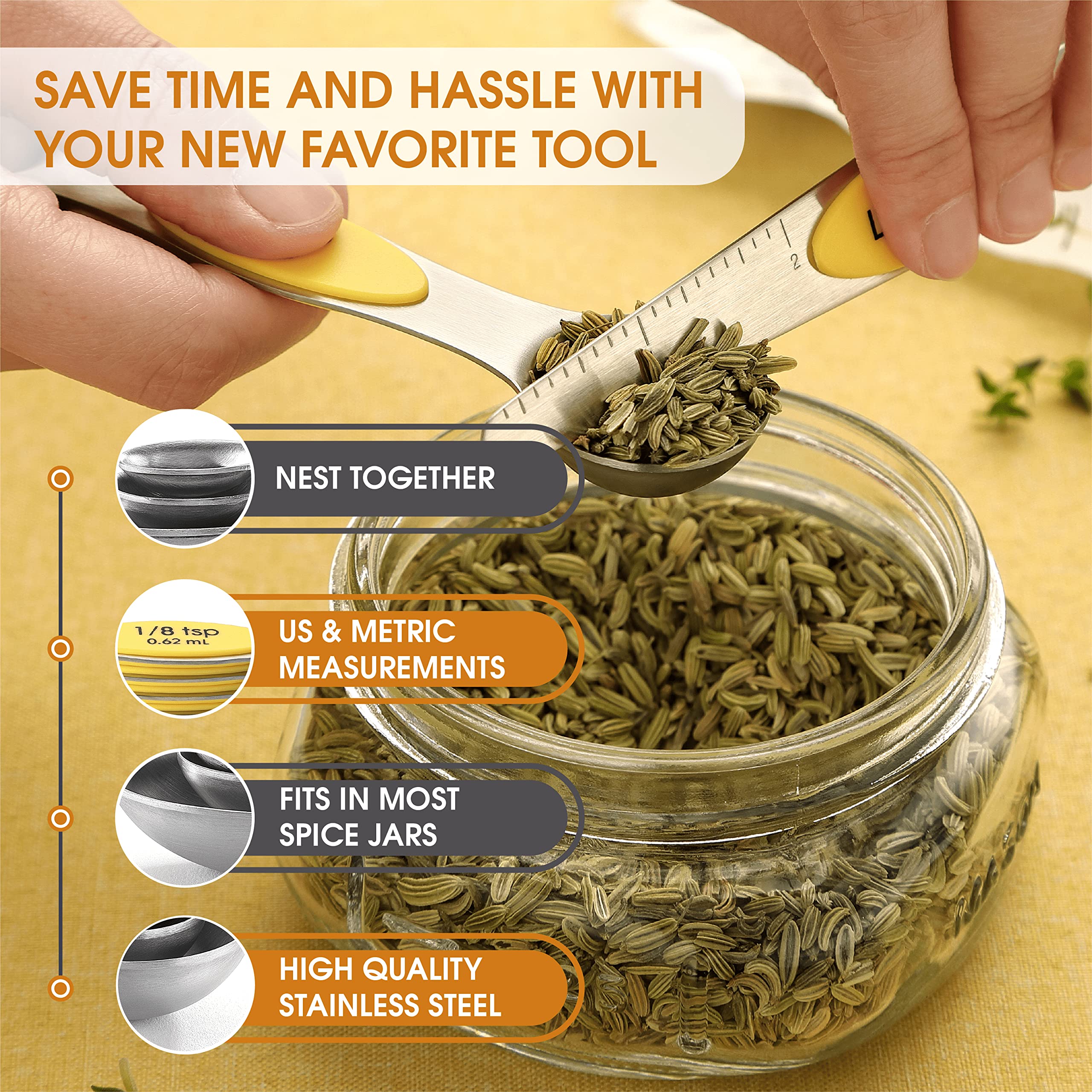 Spring Chef Magnetic Measuring Spoons Set, Dual Sided, Stainless Steel, Fits In Spice Jars, Yellow, Set Of 8, 2 Pack