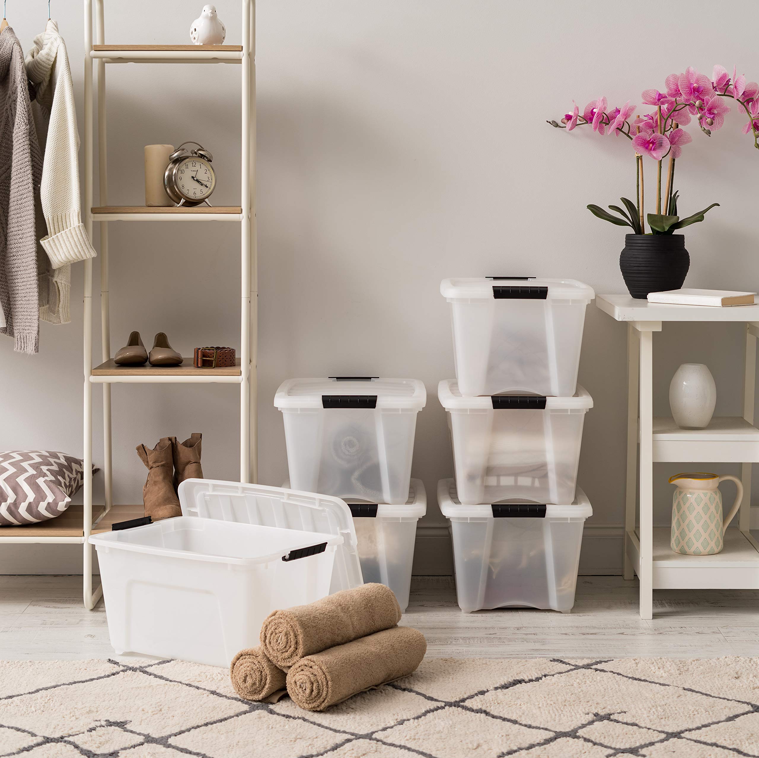 IRIS USA 32 Qt. Plastic Storage Container Bin with Secure Lid and Latching Buckles  6 pack - Pearl  Durable Stackable Nestable Organizing Tote Tub Box Toy General Organization Medium