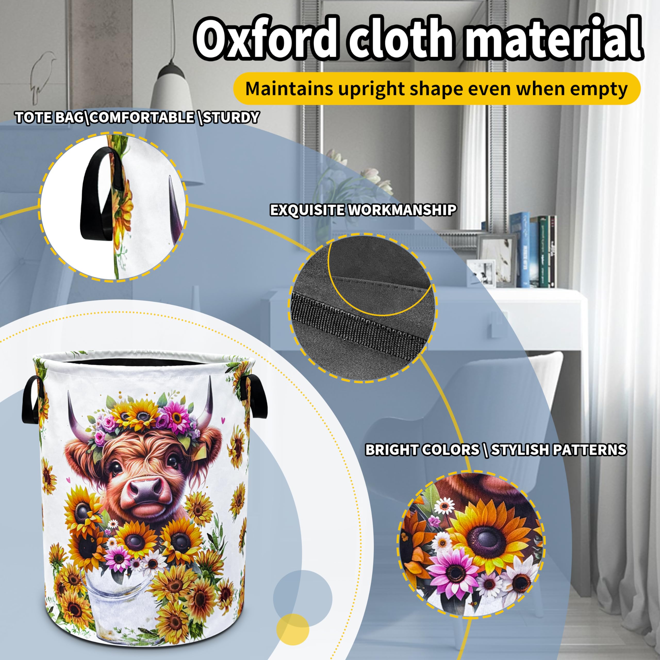 Highland Cow Laundry Basket Sunflower Flower Foldable Oxford Cloth Funny Tote Bag Laundry Hamper Clothes Storage Bucket Toy Orga
