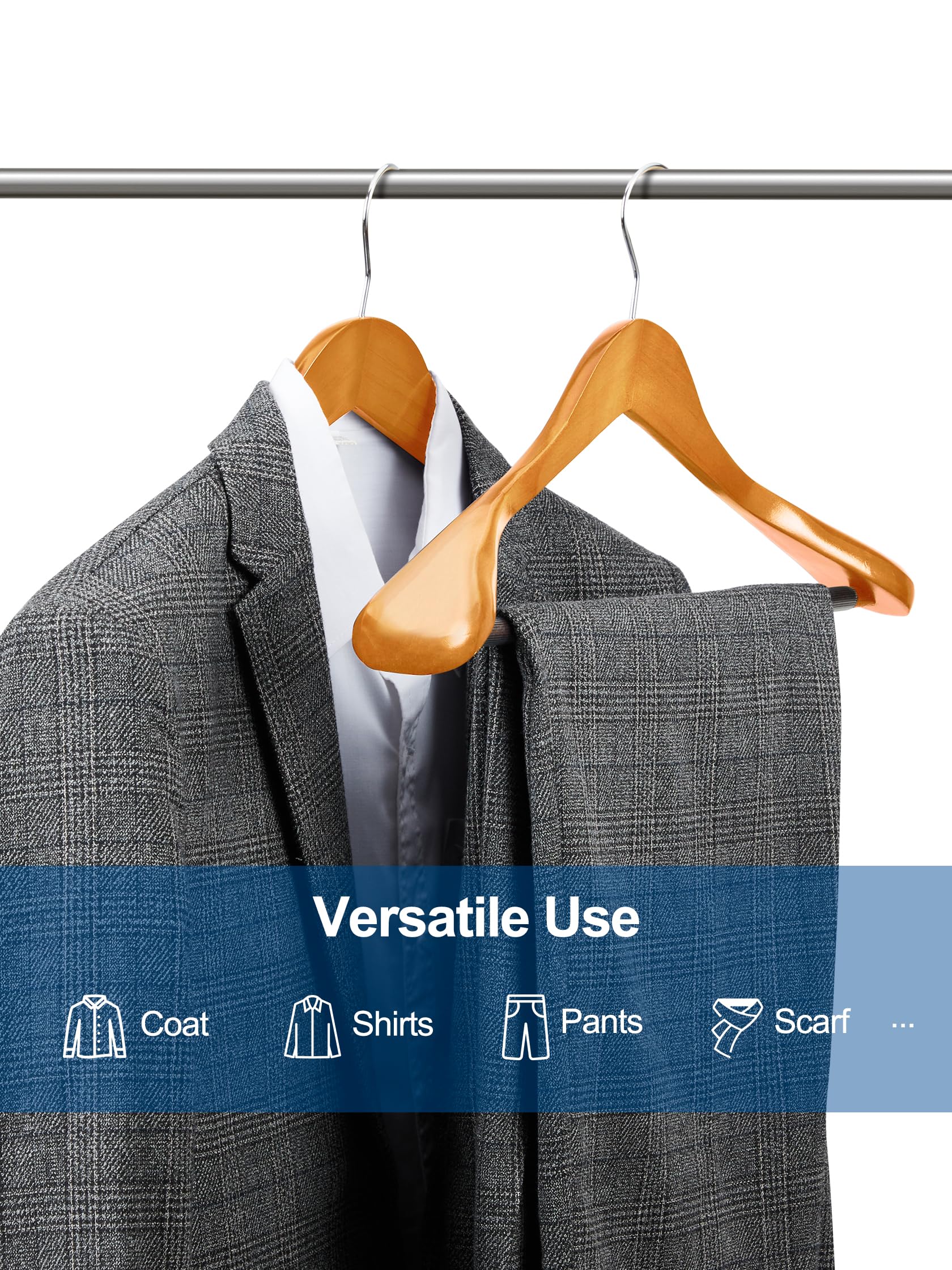 HOUSE DAY Wide Shoulder Wooden Hangers  Suit Hangers with Non Slip Pants Bar  Smooth Finish 360? Swivel Hook High-Grade Solid Wood Coat Hangers for Dress  Jacket  Heavy Clothes Hanger 6 Pack (Natural)