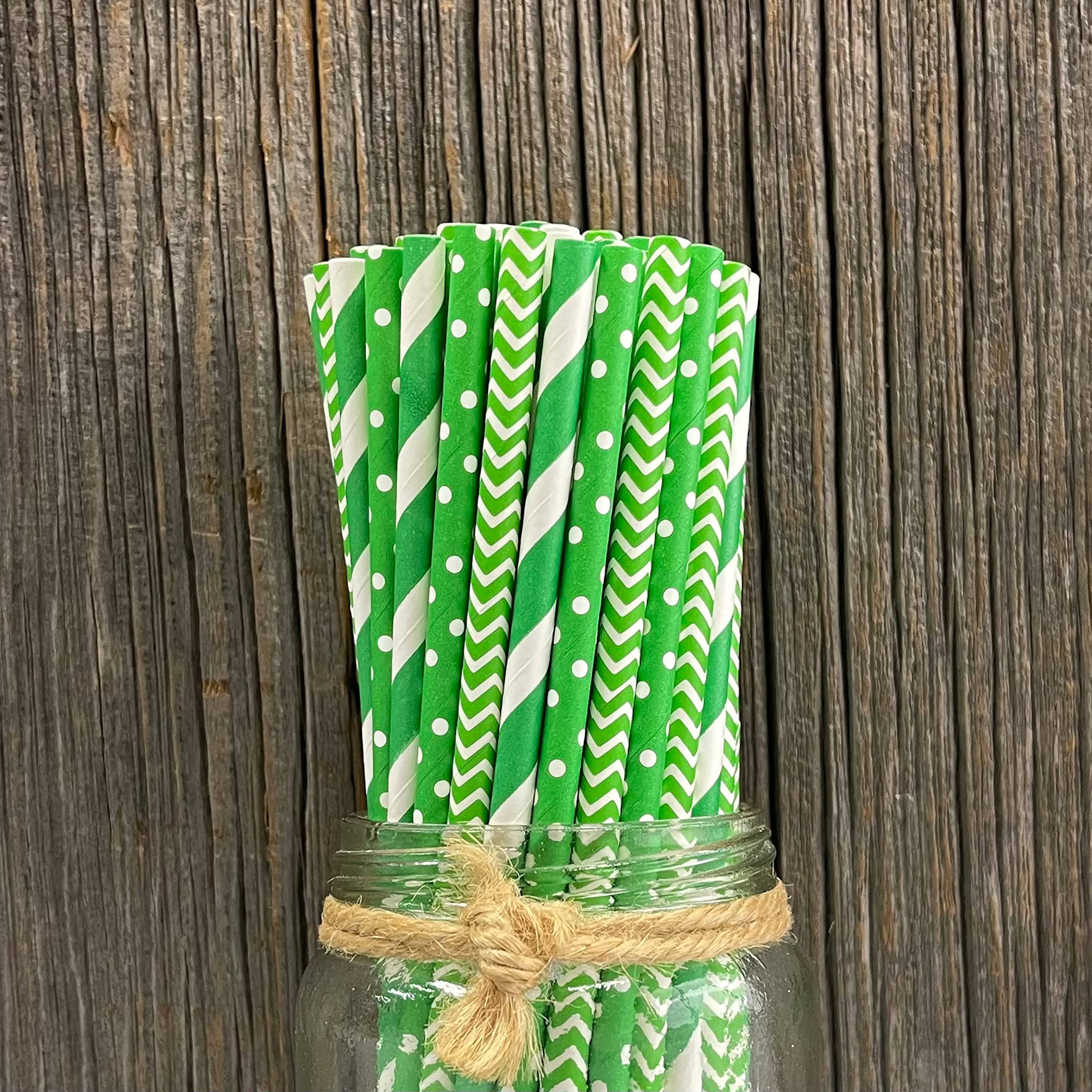 Green And White Paper Straws - Stripe Chevron Polka Dot - Birthday Christmas St Patrick'S Day Supply - 100 Pack Outside The Box