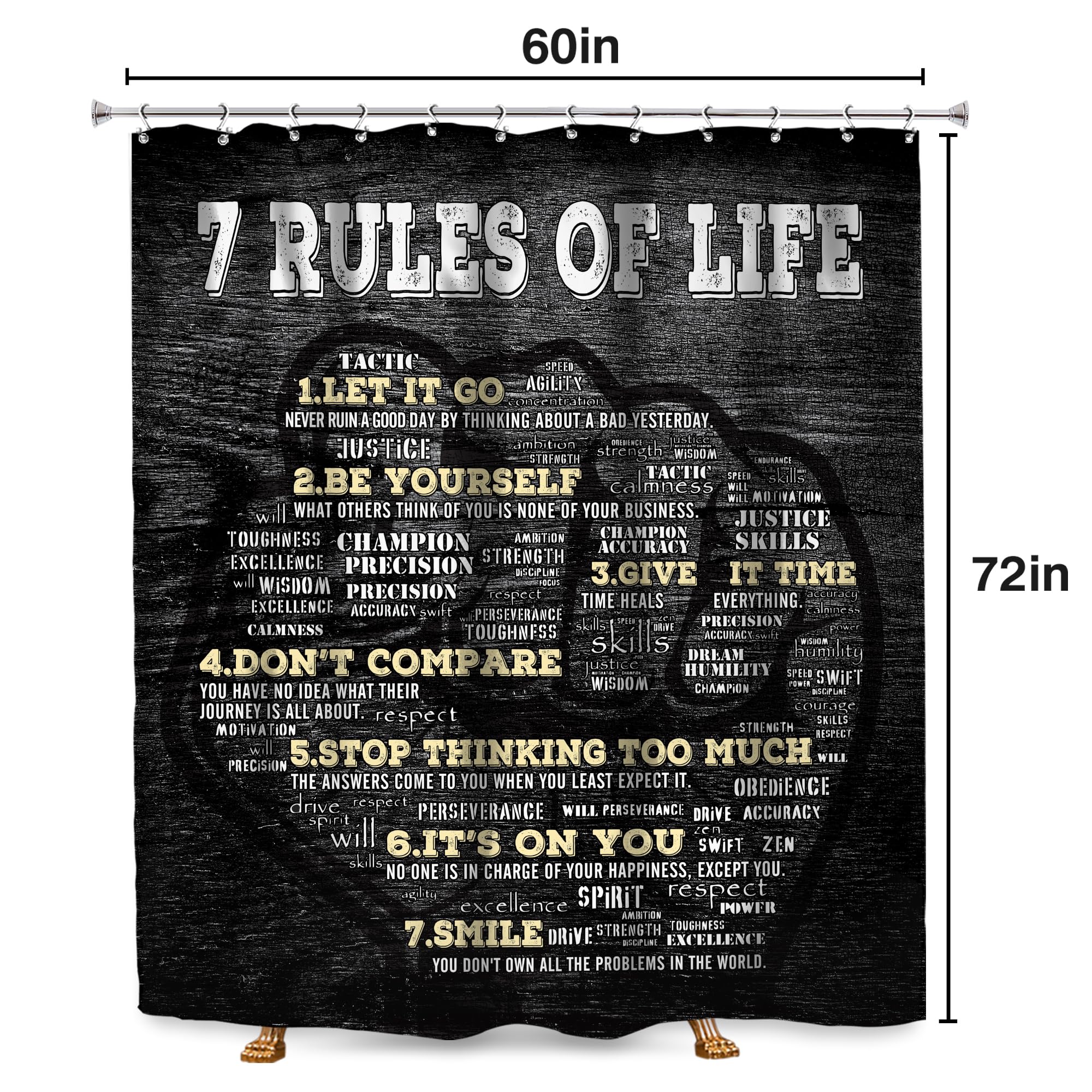 Svbright Mens Motivational Quotes Shower Curtain 60Wx72L Inch Black Inspirational Words Rules Of Life Cool Fist Boys Man 12 Pack