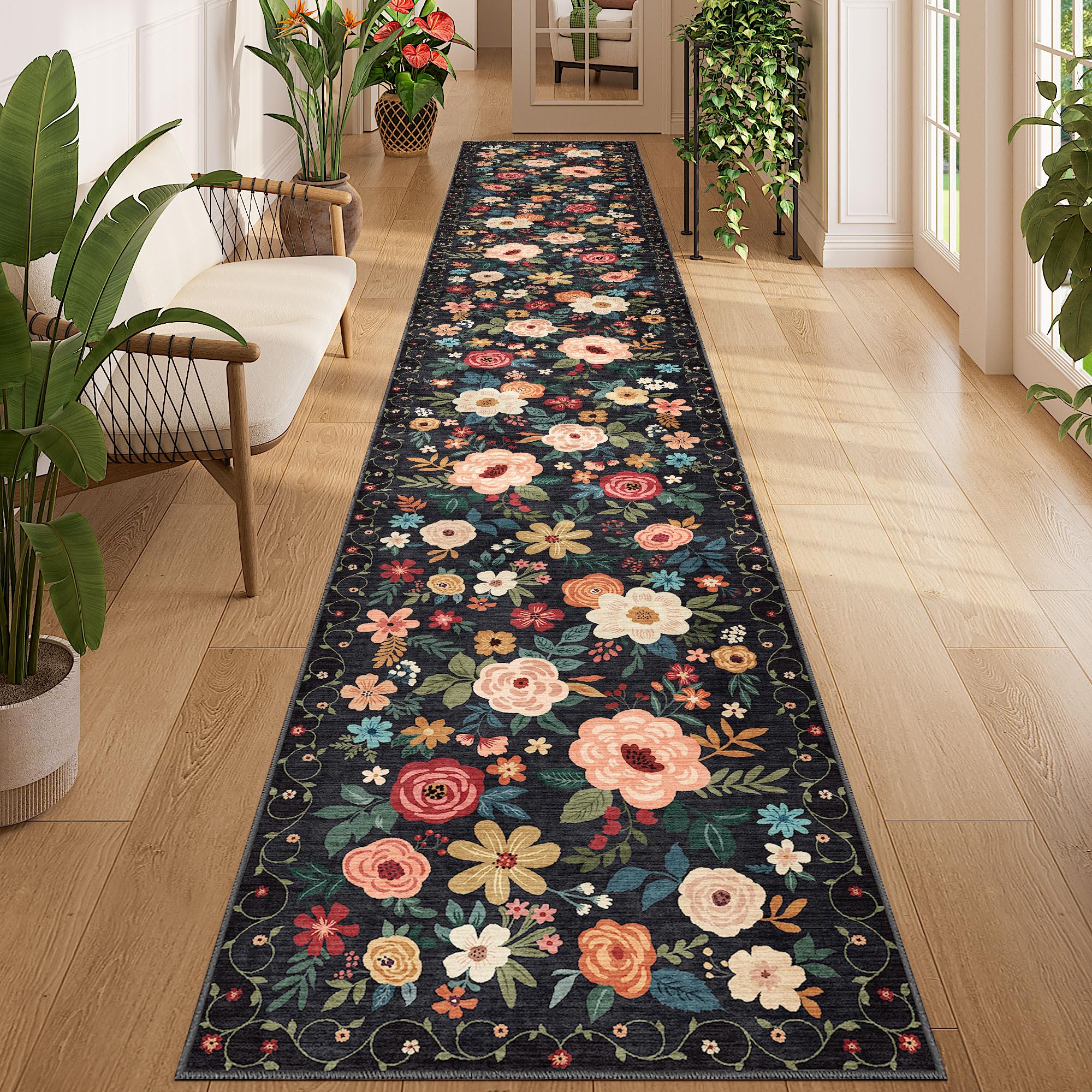 DUKINO Washable Runner Rug 2x12, Ultra Soft Floral Runner Rug for Hallway, Boho Non Slip & Non Shedding Indoor Entryway Carpet f