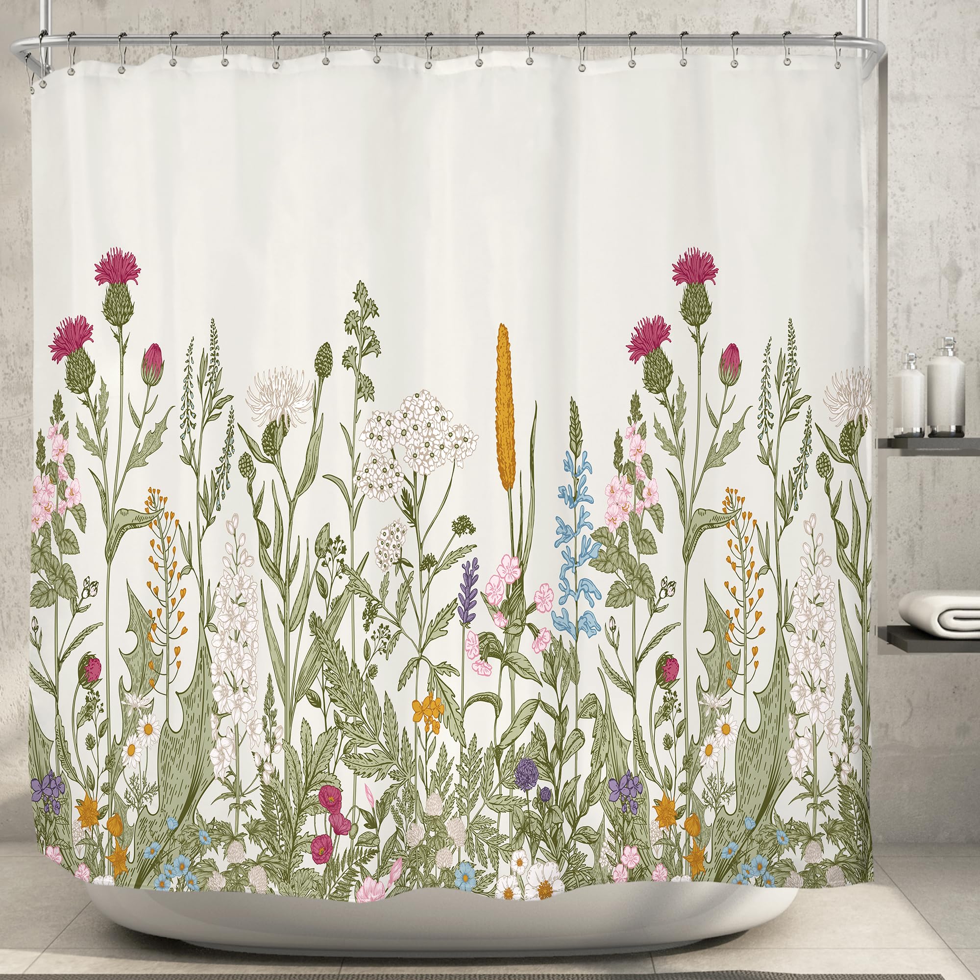 Riyidecor Clawfoot Tub Extra Wide Shower Curtain 180Wx70H Inch Wrap All Around Circular Round Floral Wildflower Botanical Tulip Plants Ivy Herbs Decor Bathroom Polyester Waterproof Metal Hooks 32 Pack