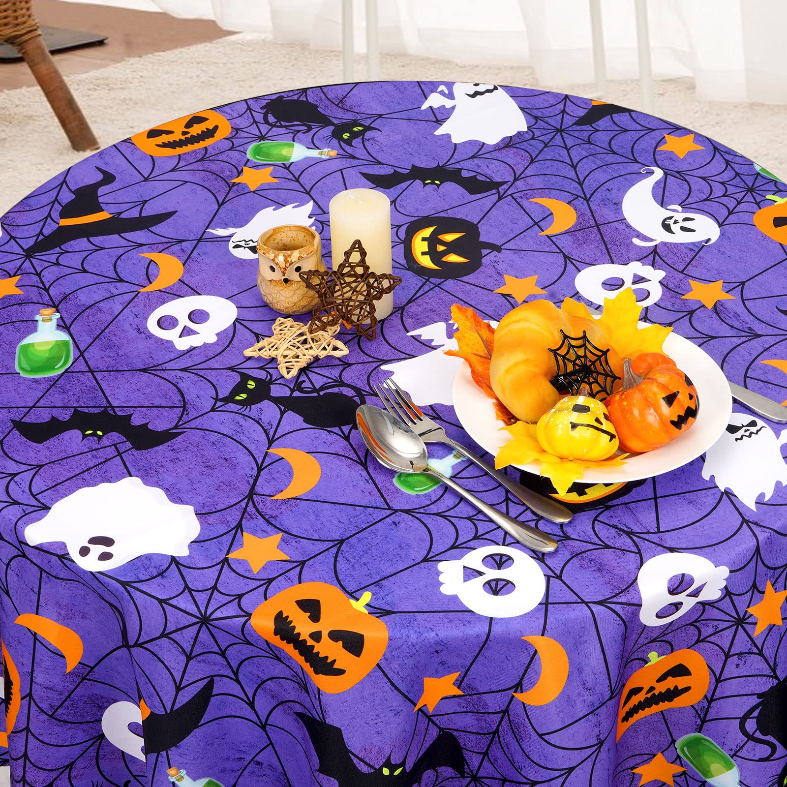 Aspmiz Halloween Tablecloth, Purple Spider Web Table Cloth For Party Decoration, Round 60 Inch, Bat Cobweb And Ghost Tablecloths
