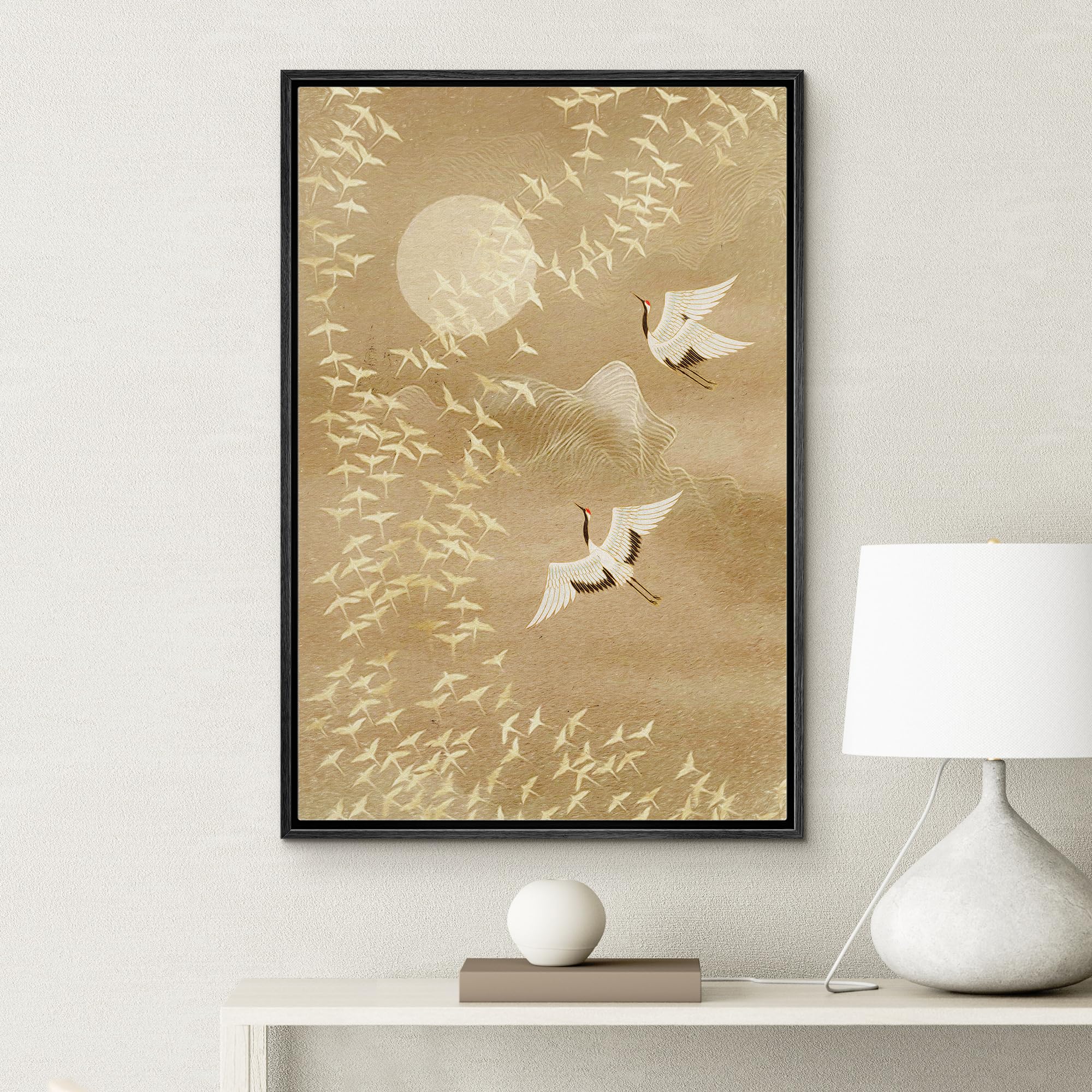 NWT Framed Canvas Print Wall Art Watercolor Crane Birds Flying Nature Wilderness Illustrations Modern Art Decorative Landscape Rustic Zen Colorful for Living Room  Bedroom  Office - 24''x36'' Black