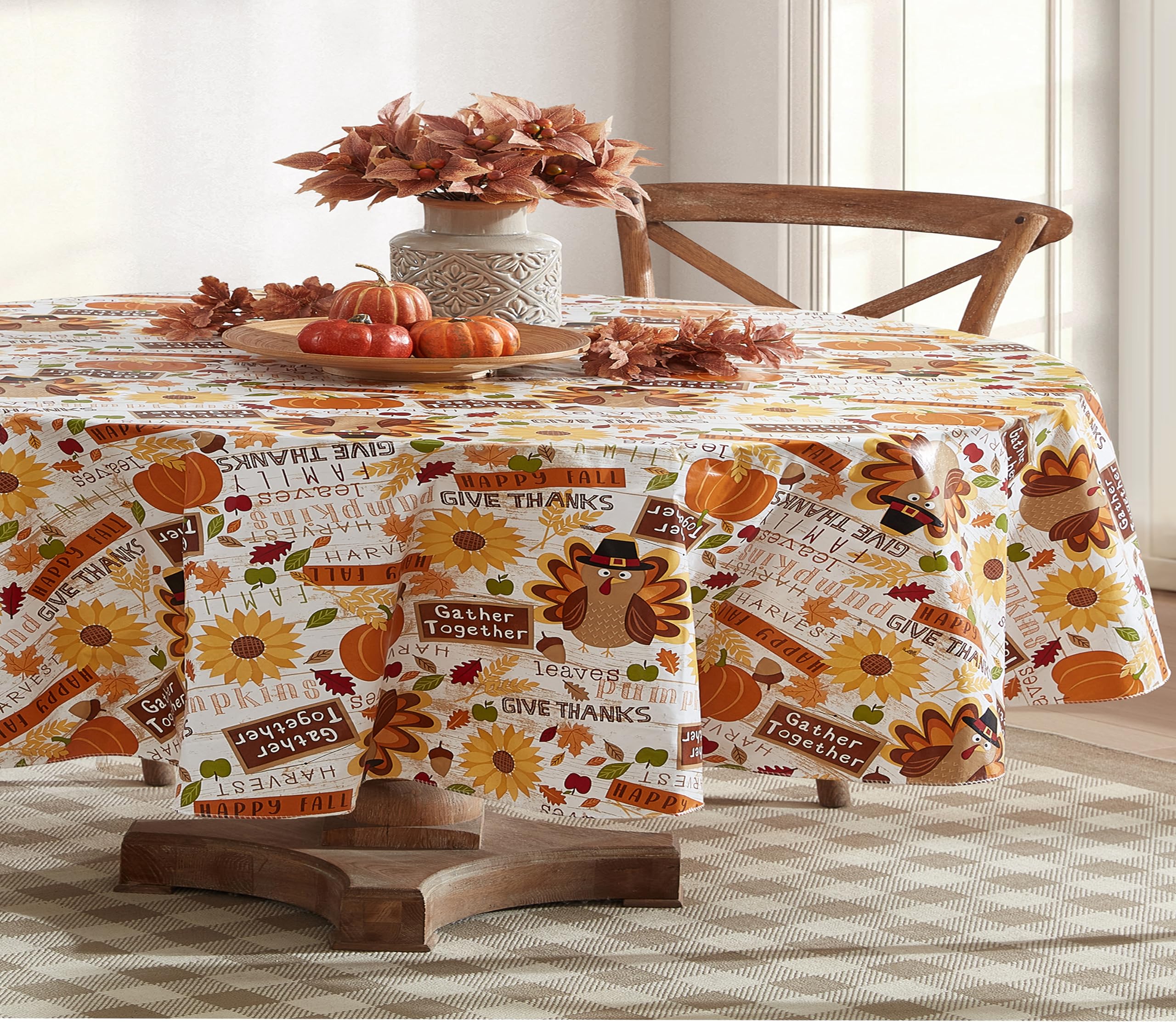 Newbridge Happy Thanksgiving Turkey Vinyl Tablecloth with Flannel Backing, 60 x 84 Inch Oval - Whimsical Fall Harvest Kitchen &
