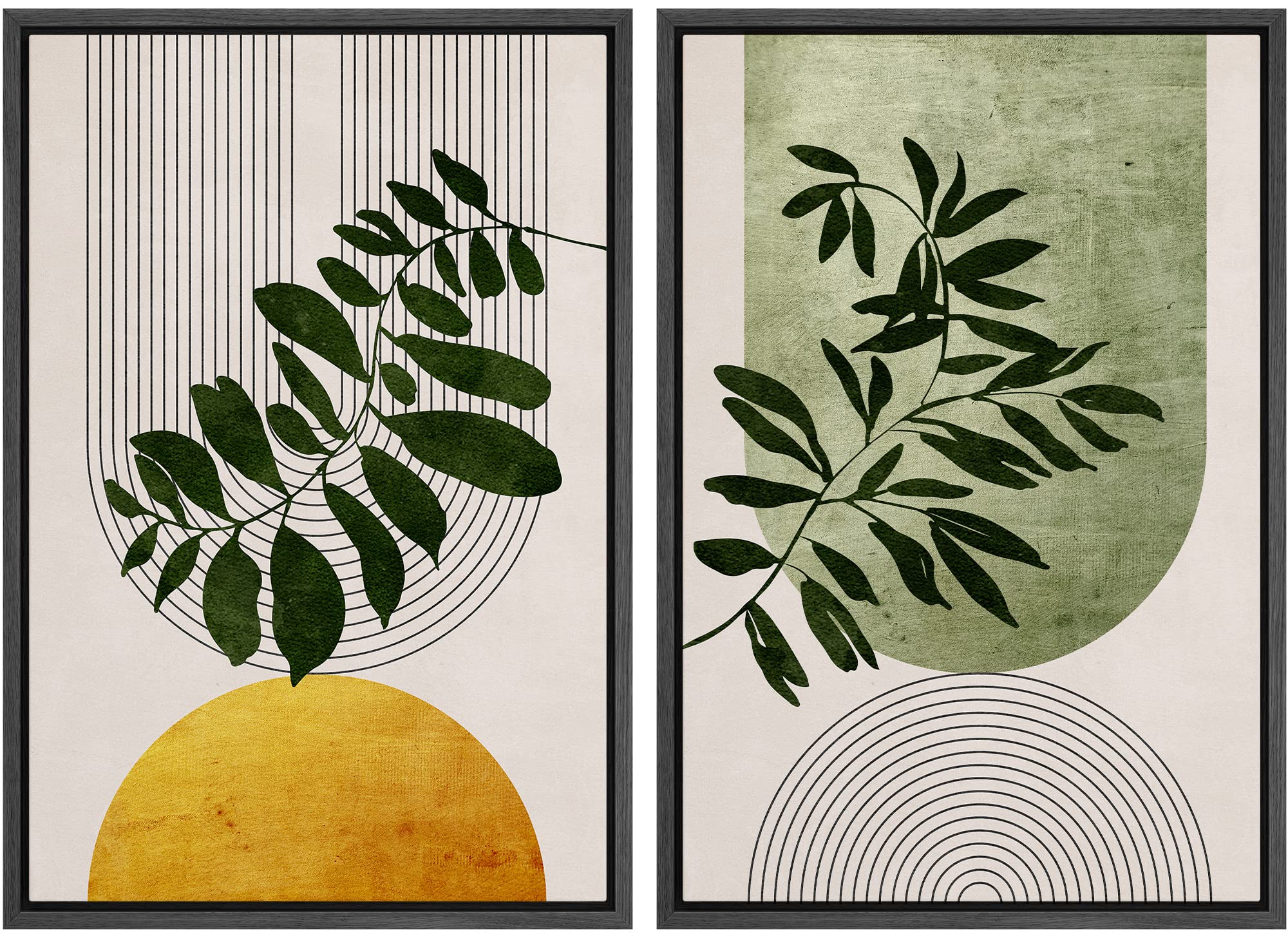 Idea4Wall Framed Canvas Print Wall Art Set Mid-Century Geometric Forest Plant Leaf Nature Wilderness Illustrations Modern Art Ru