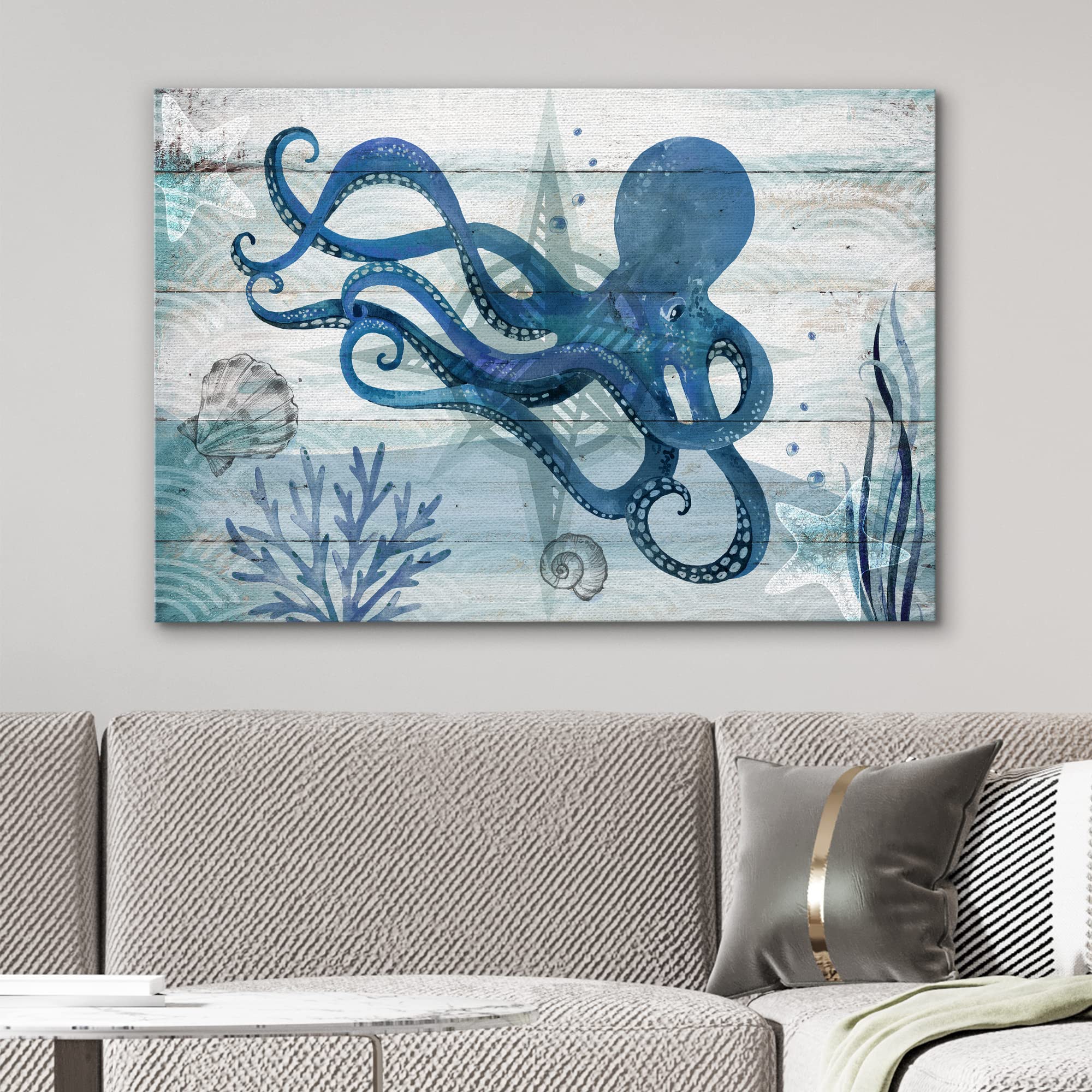 Nwt Canvas Print Wall Art Octopus Under The Sea With Shells Amphibians Beach Illustrations Modern Art Nautical Scenic Relax/Calm
