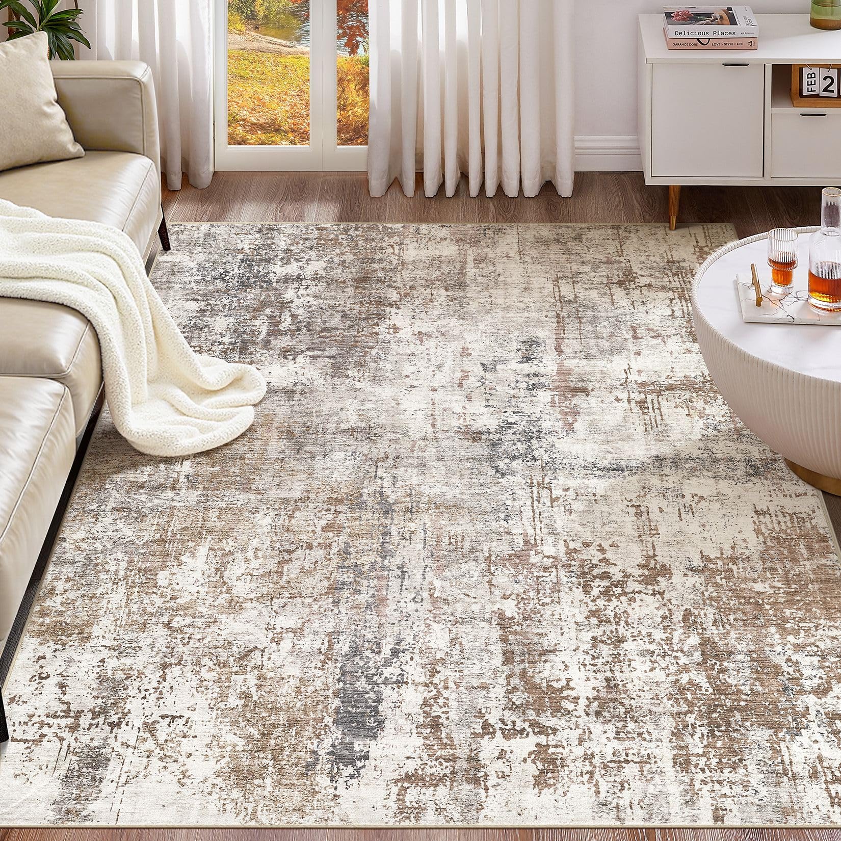 UERMEI 6x9 Area Rug Living Room Rugs - Washable Neutral Modern Abstract Soft Thin Rug Indoor Floor No Slip Rug Carpet for Bedroo