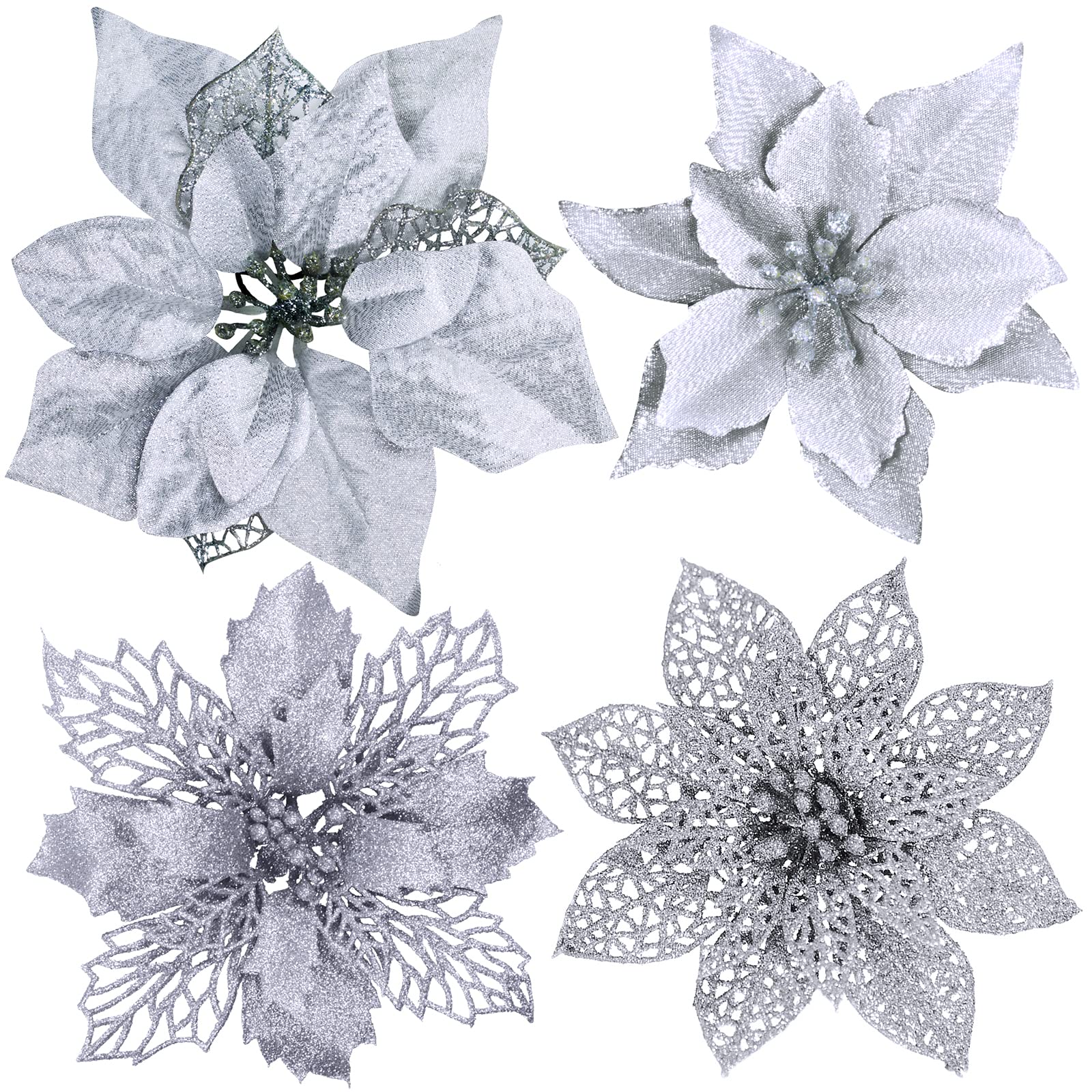 24 Pcs 4 Styles Christmas Silver Metallic Mesh Glitter Artificial Poinsettia Flower Stems Tree Ornaments in Box for White Silver
