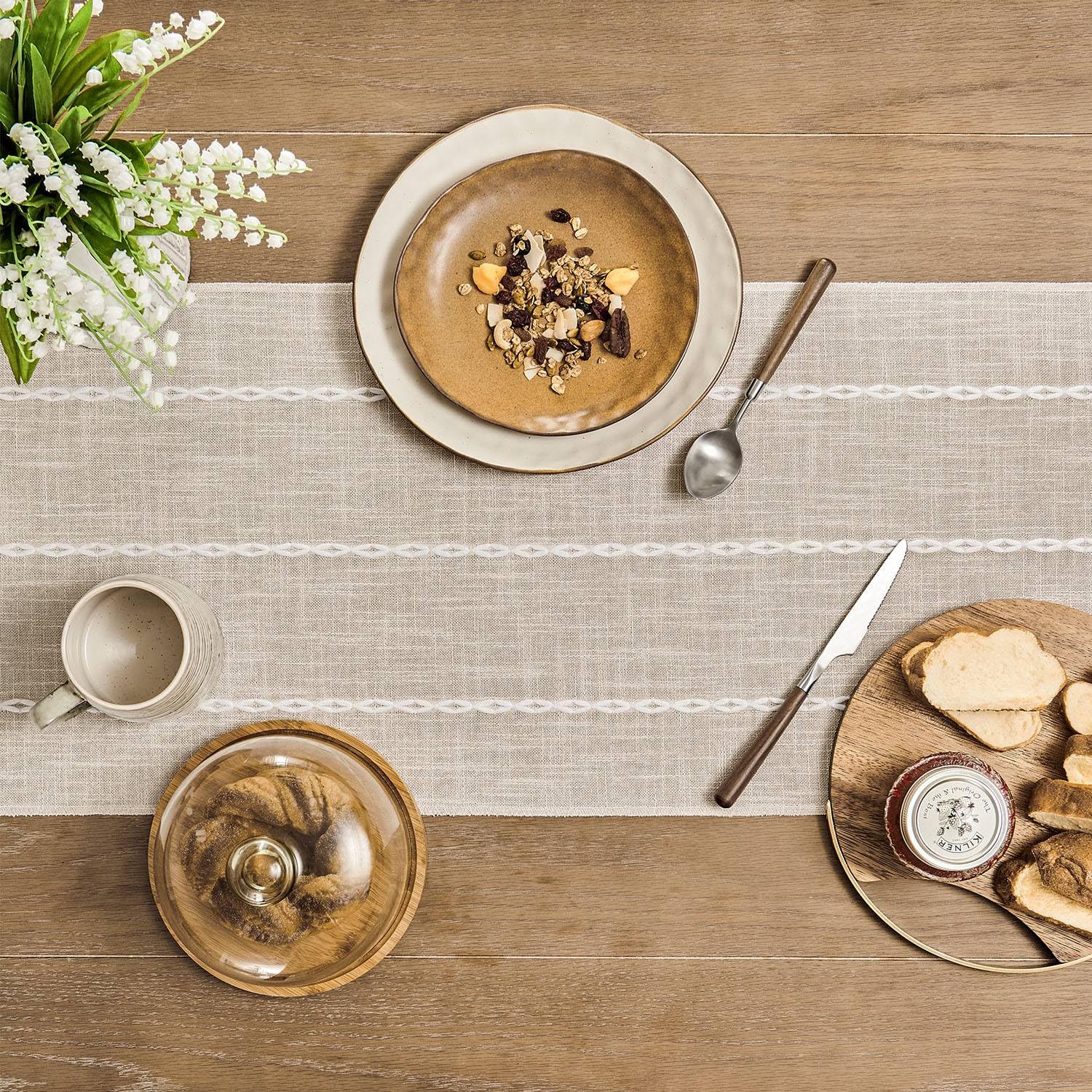 Zeemart Farmhouse Table Runner, Rustic Table Runners 60 Inches Long, Linen Boho Table Runner, Braided Striped Cream Table Runner