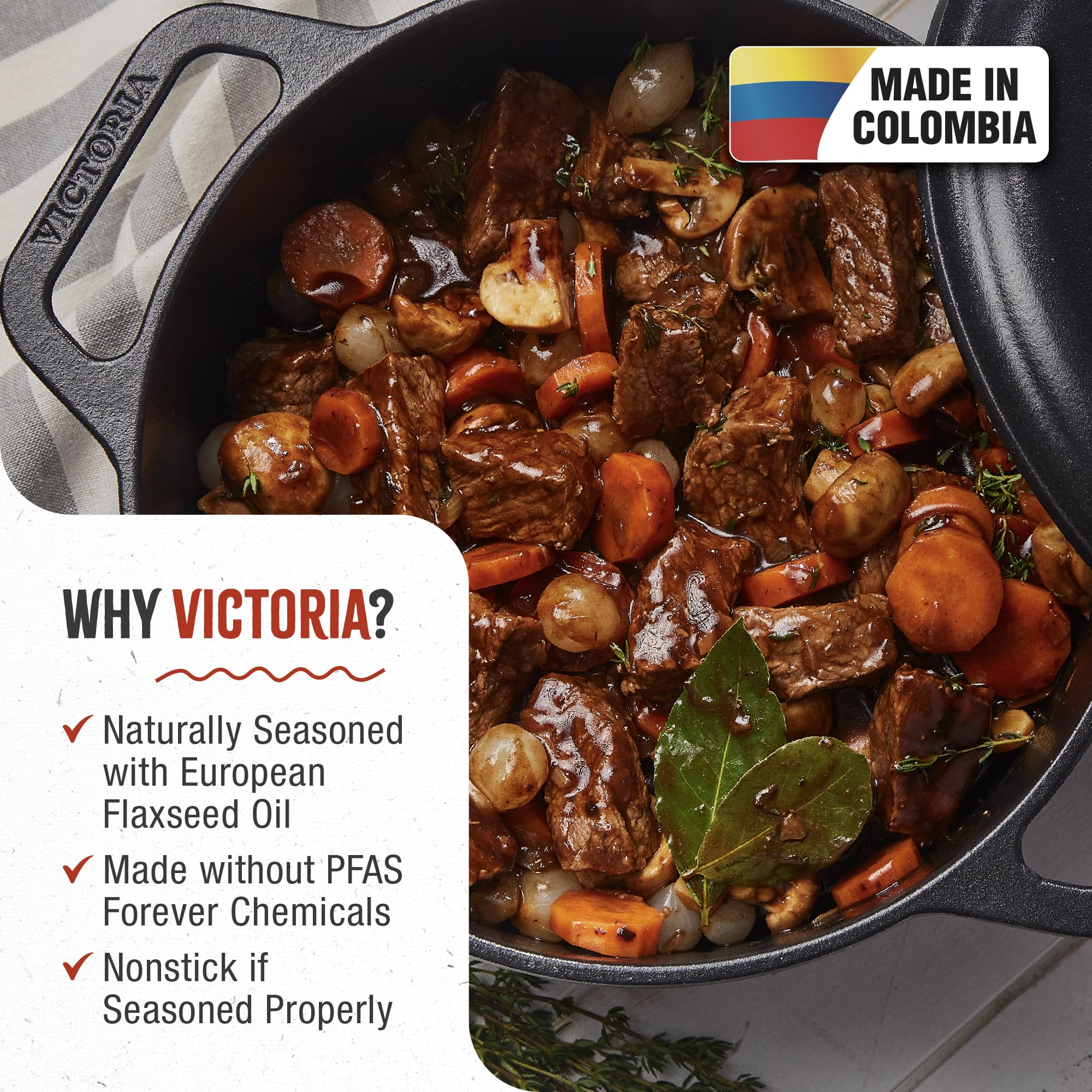 Victoria 6-Quart Cast Iron Dutch Oven With Lid And Dual Loop Handles, Seasoned With Flaxseed Oil, Made In Colombia,Black