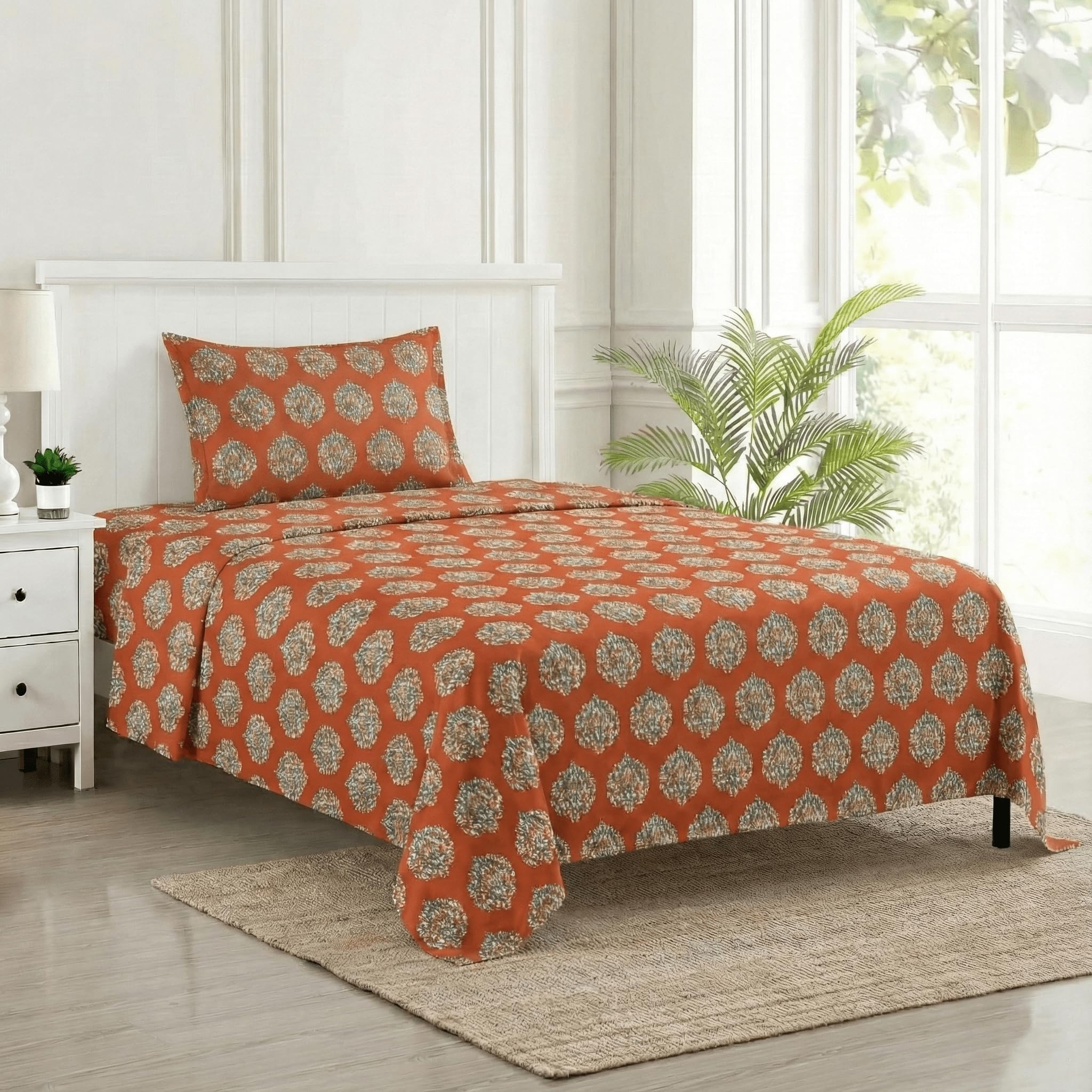 Trance Home Linen 200 Tc | 100% Cotton Printed Single Flat Bedsheet With 1 Pillow Cover | Rotary Anti Fade Printed Bedsheet For 