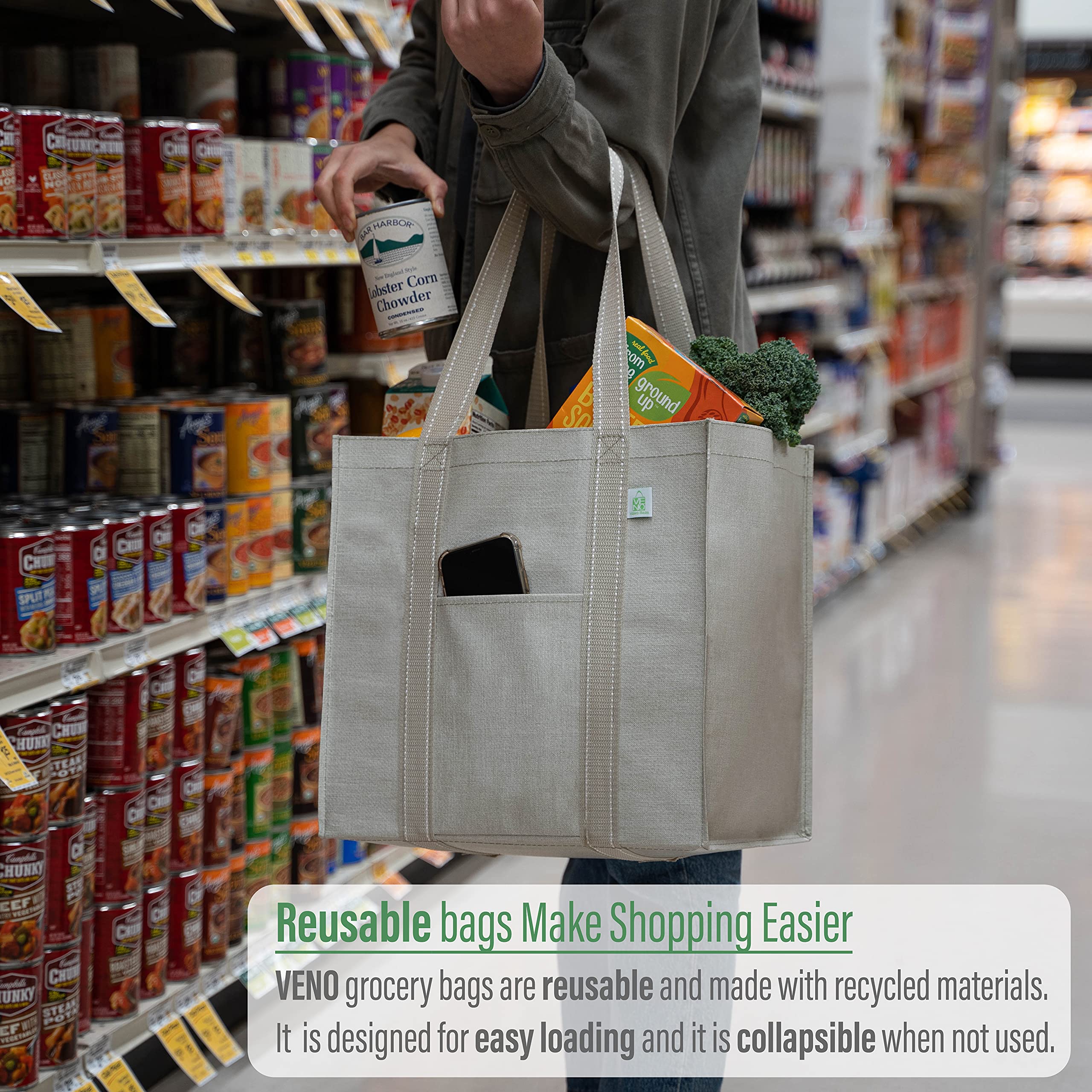 Veno 4 Pack Reusable Grocery Shopping Bag W/Hard Bottom, Foldable, Multi-Purpose Heavy-Duty Tote, Daily Utility Bag, Stands Upri