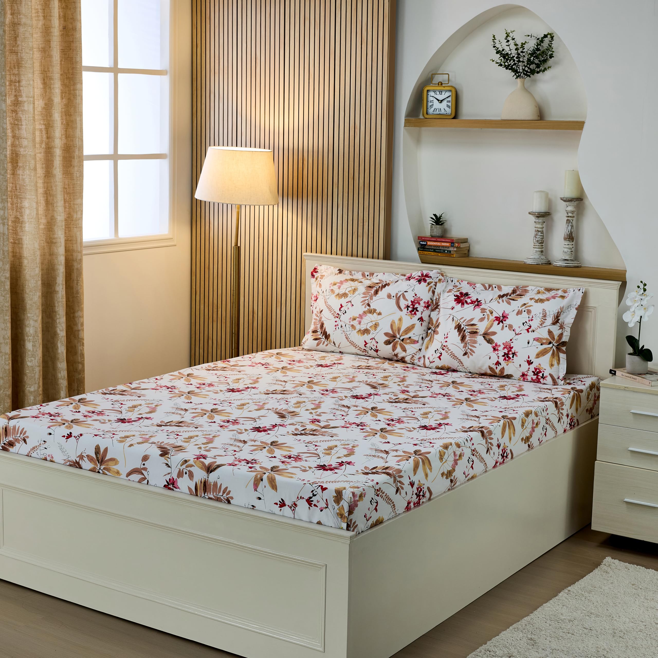 Amazon Brand - Solimo Queen Size Flat 100% Cotton Bedsheet With 2 Pillow Cases | 180 Tc | 90 X 100 Inches | Floral Design (Maroo