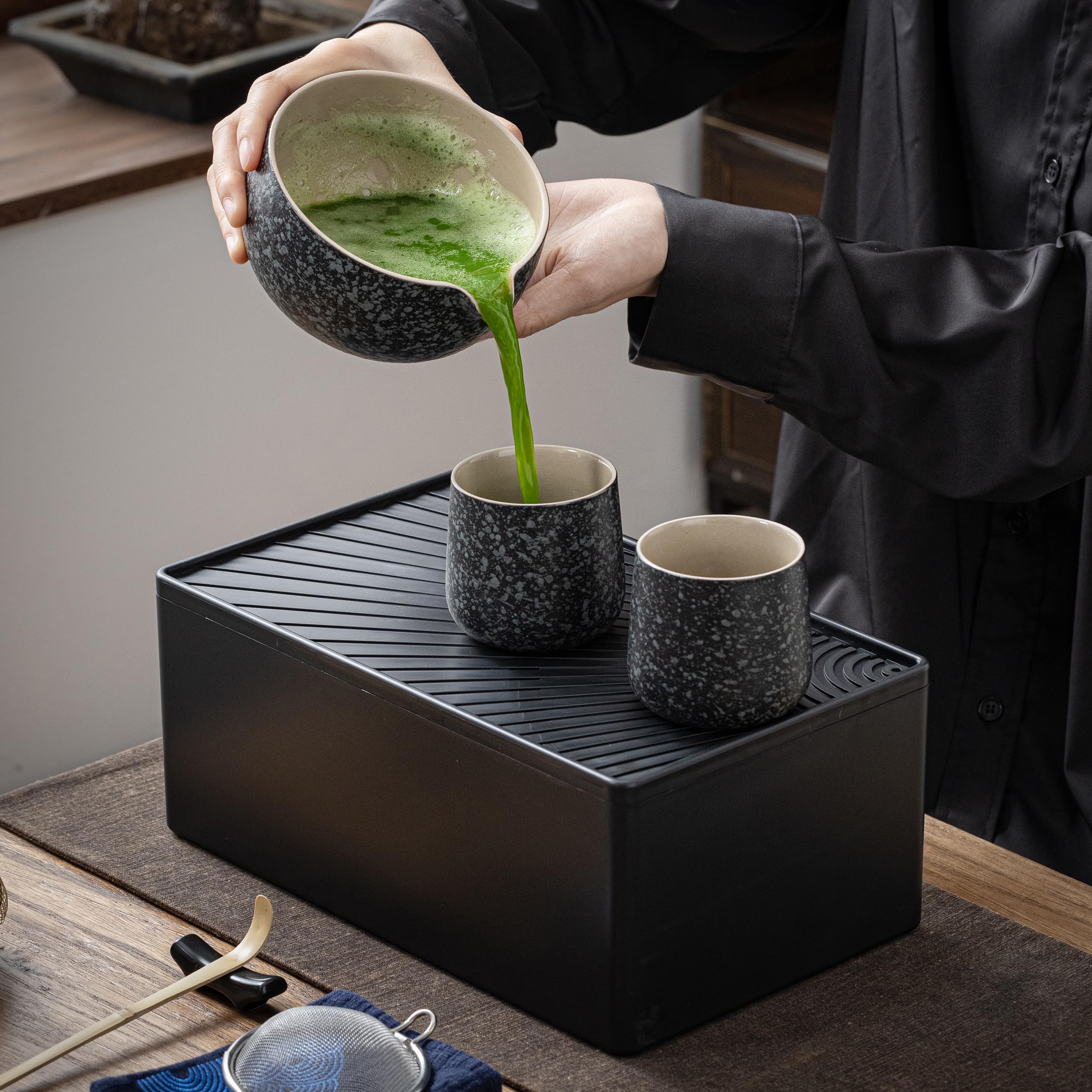 Teanagoo Matcha Kit + 2 Cups With Storage Box, 12 Pcs Travel Matcha Tea Set, Ceramic Matcha Bowl (18Oz), Matcha Cup(7.2Oz), Bamb